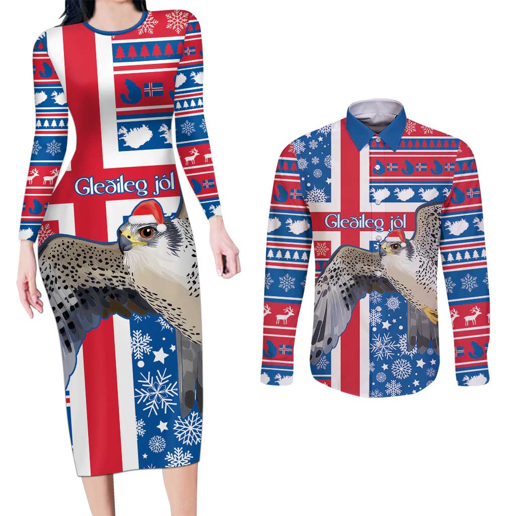 Iceland Christmas Couples Matching Long Sleeve Bodycon Dress and Long Sleeve Button Shirt Gyrfalcon Santa Merry Xmas - Wonder Print Shop