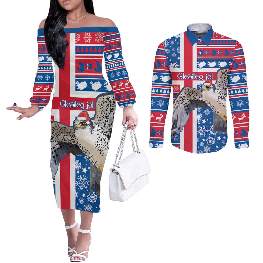 Iceland Christmas Couples Matching Off The Shoulder Long Sleeve Dress and Long Sleeve Button Shirt Gyrfalcon Santa Merry Xmas