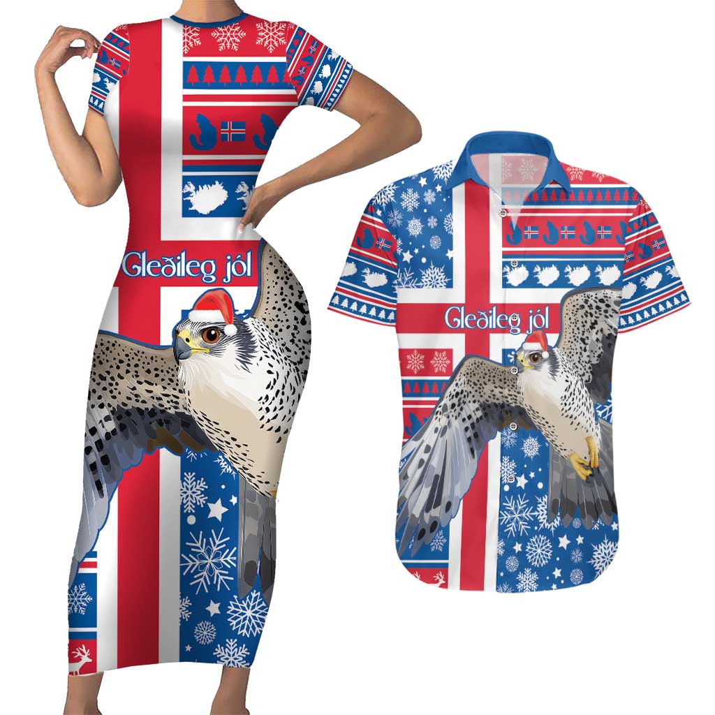 Iceland Christmas Couples Matching Short Sleeve Bodycon Dress and Hawaiian Shirt Gyrfalcon Santa Merry Xmas - Wonder Print Shop