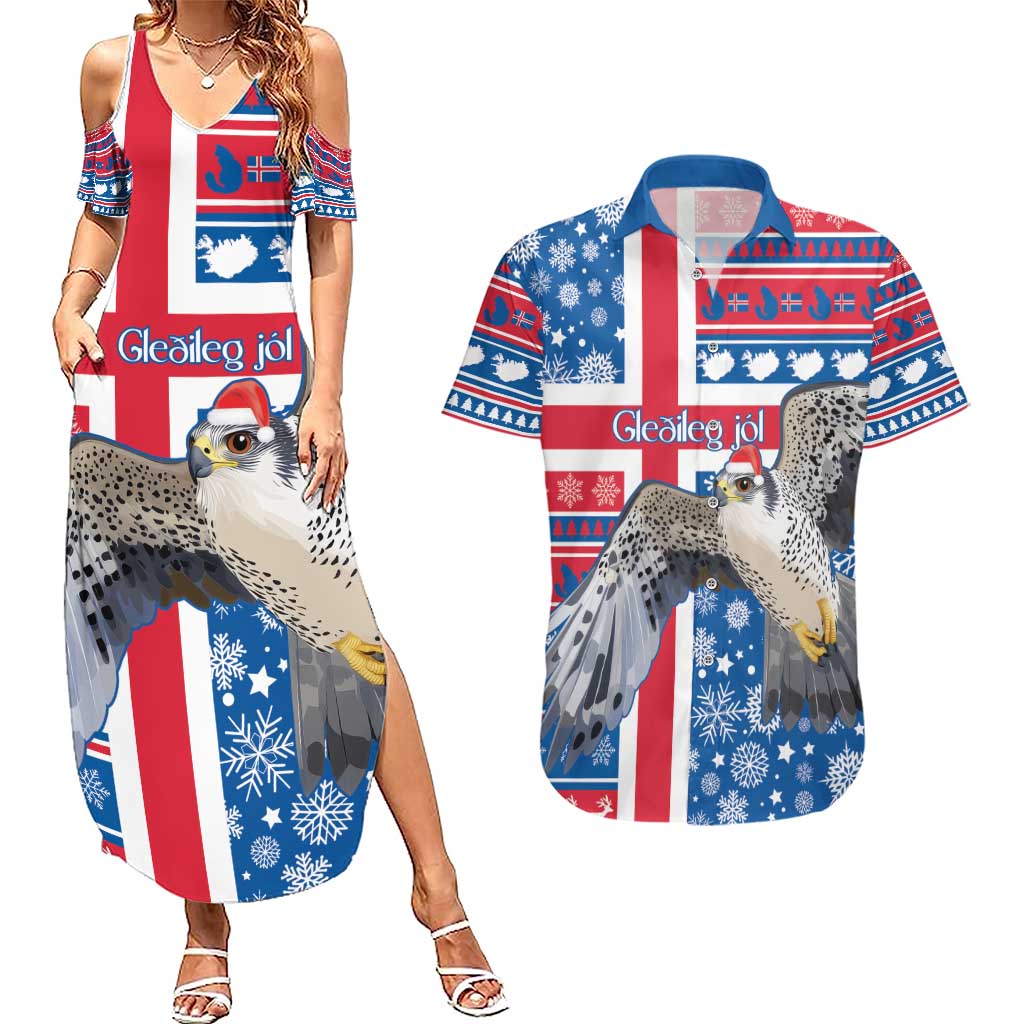 Iceland Christmas Couples Matching Summer Maxi Dress and Hawaiian Shirt Gyrfalcon Santa Merry Xmas - Wonder Print Shop