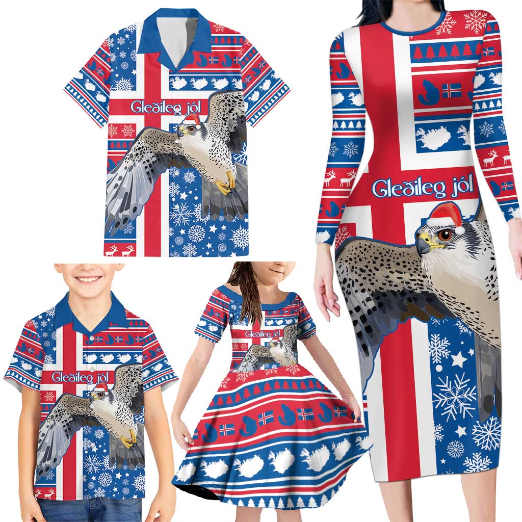 Iceland Christmas Family Matching Long Sleeve Bodycon Dress and Hawaiian Shirt Gyrfalcon Santa Merry Xmas - Wonder Print Shop