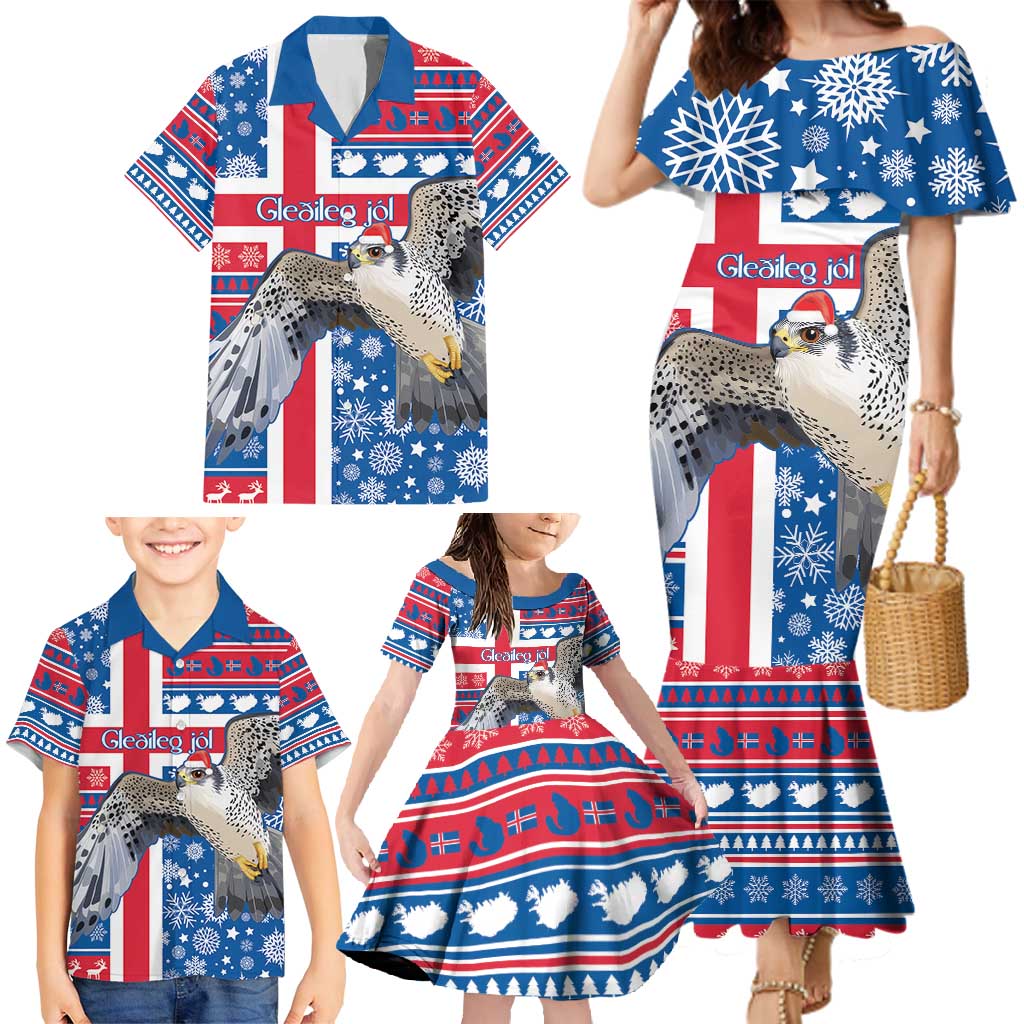 Iceland Christmas Family Matching Mermaid Dress and Hawaiian Shirt Gyrfalcon Santa Merry Xmas - Wonder Print Shop