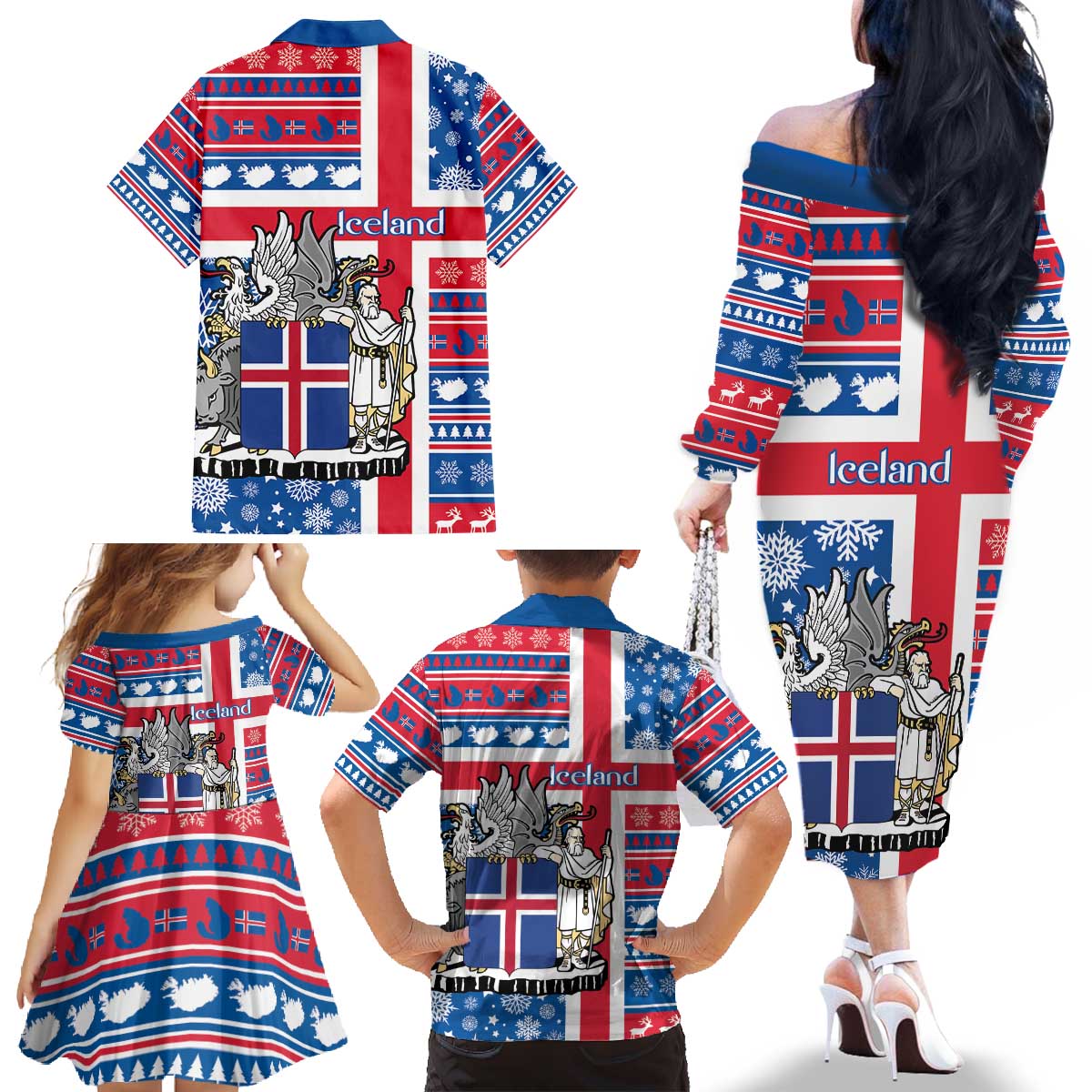 Iceland Christmas Family Matching Off The Shoulder Long Sleeve Dress and Hawaiian Shirt Gyrfalcon Santa Merry Xmas - Wonder Print Shop