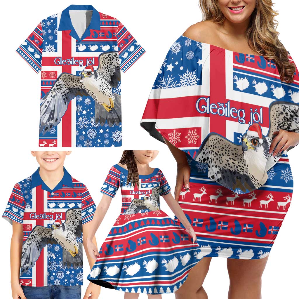 Iceland Christmas Family Matching Off Shoulder Short Dress and Hawaiian Shirt Gyrfalcon Santa Merry Xmas - Wonder Print Shop