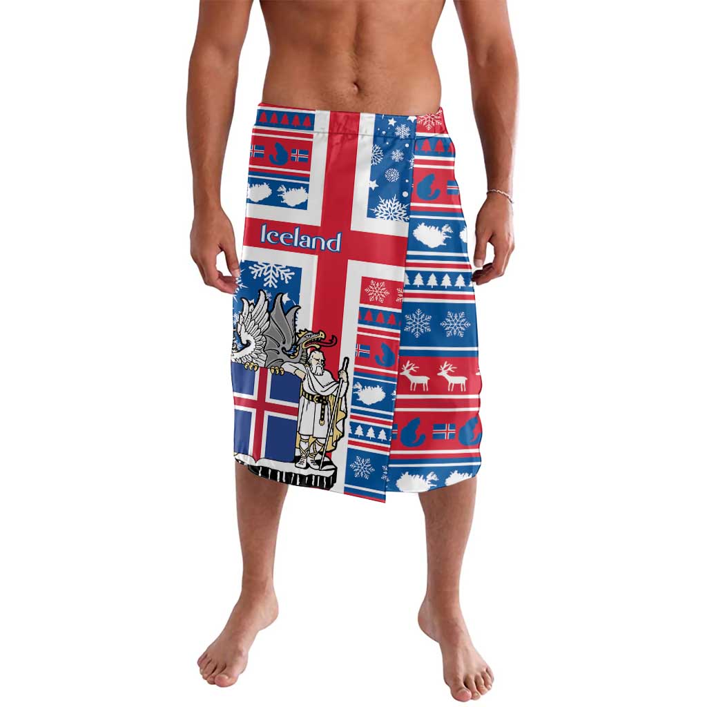 Blue Iceland Christmas lavalava skirt with red cross stripes and Santa graphic