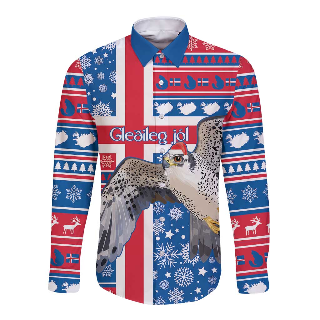 Blue and red long-sleeve button shirt with holiday pattern and falcon graphic, front