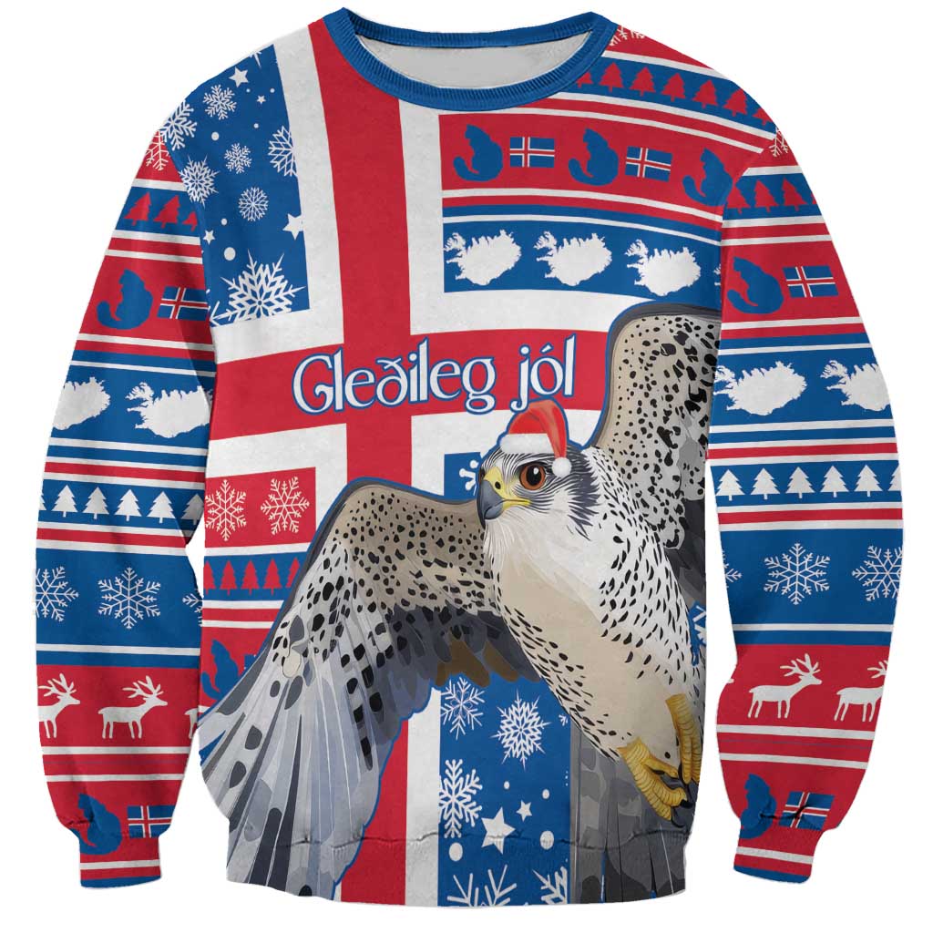 Unisex blue-red Iceland Christmas sweatshirt with gryfalcon bird graphic and snowy pattern panels