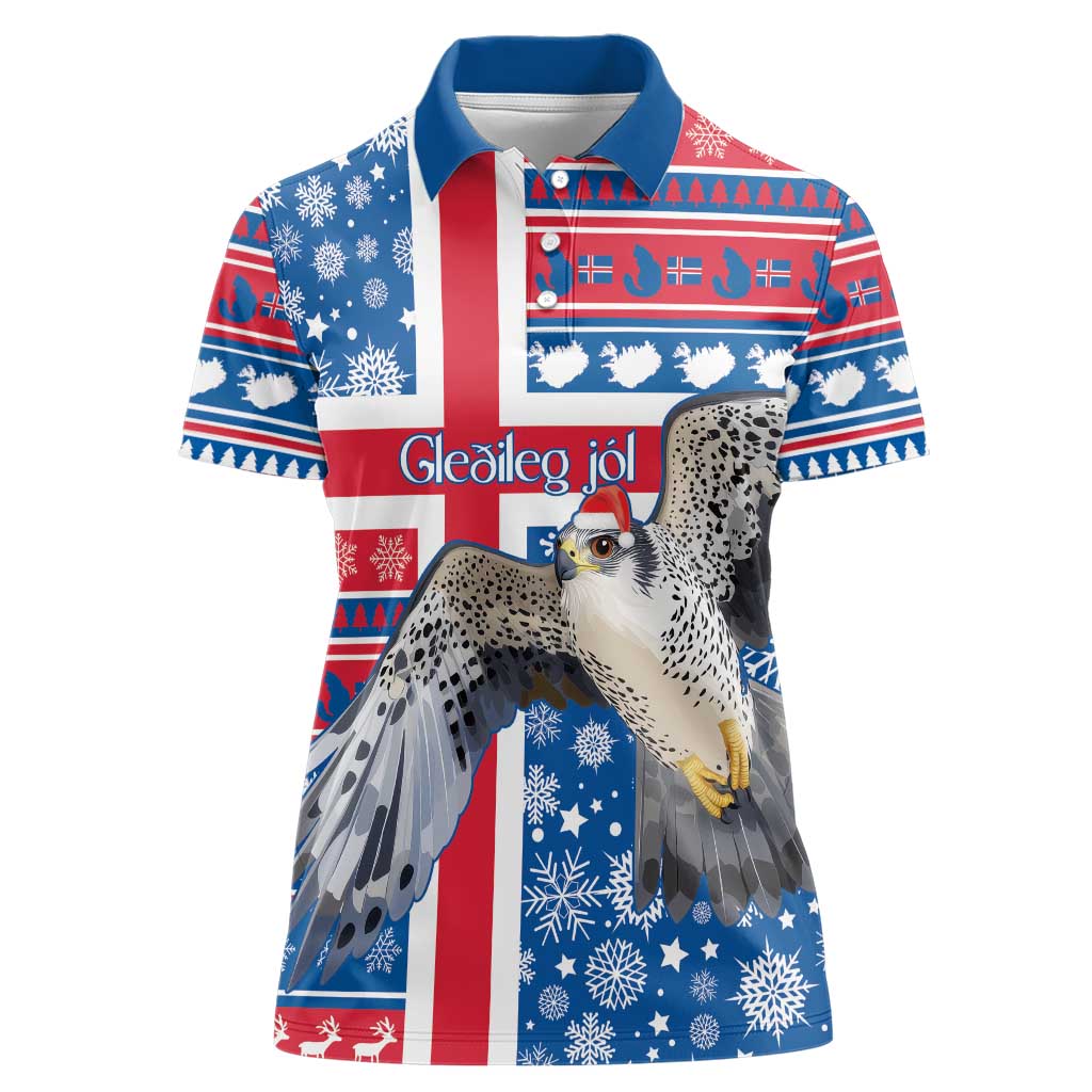 Iceland Christmas Women Polo Shirt Gyrfalcon Santa Merry Xmas