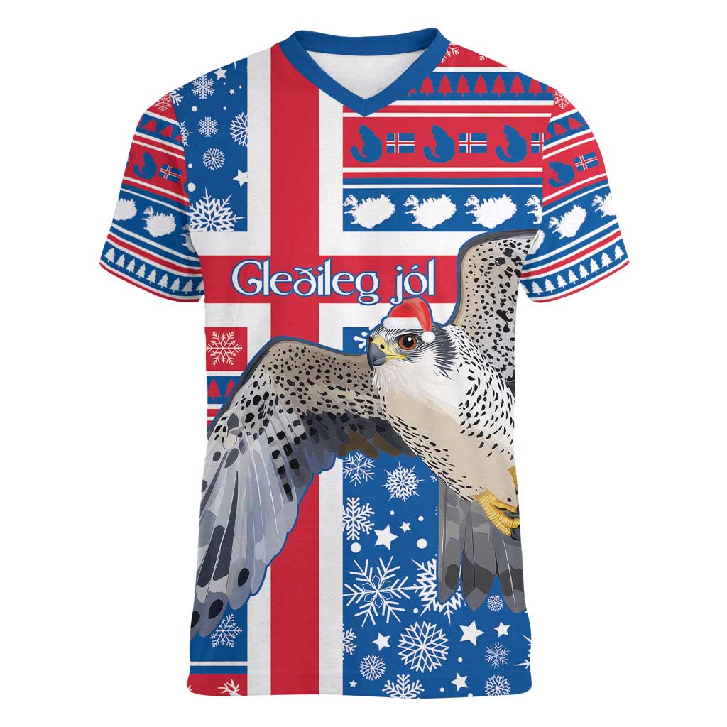 Iceland Christmas Women V-Neck T-Shirt Gyrfalcon Santa Merry Xmas