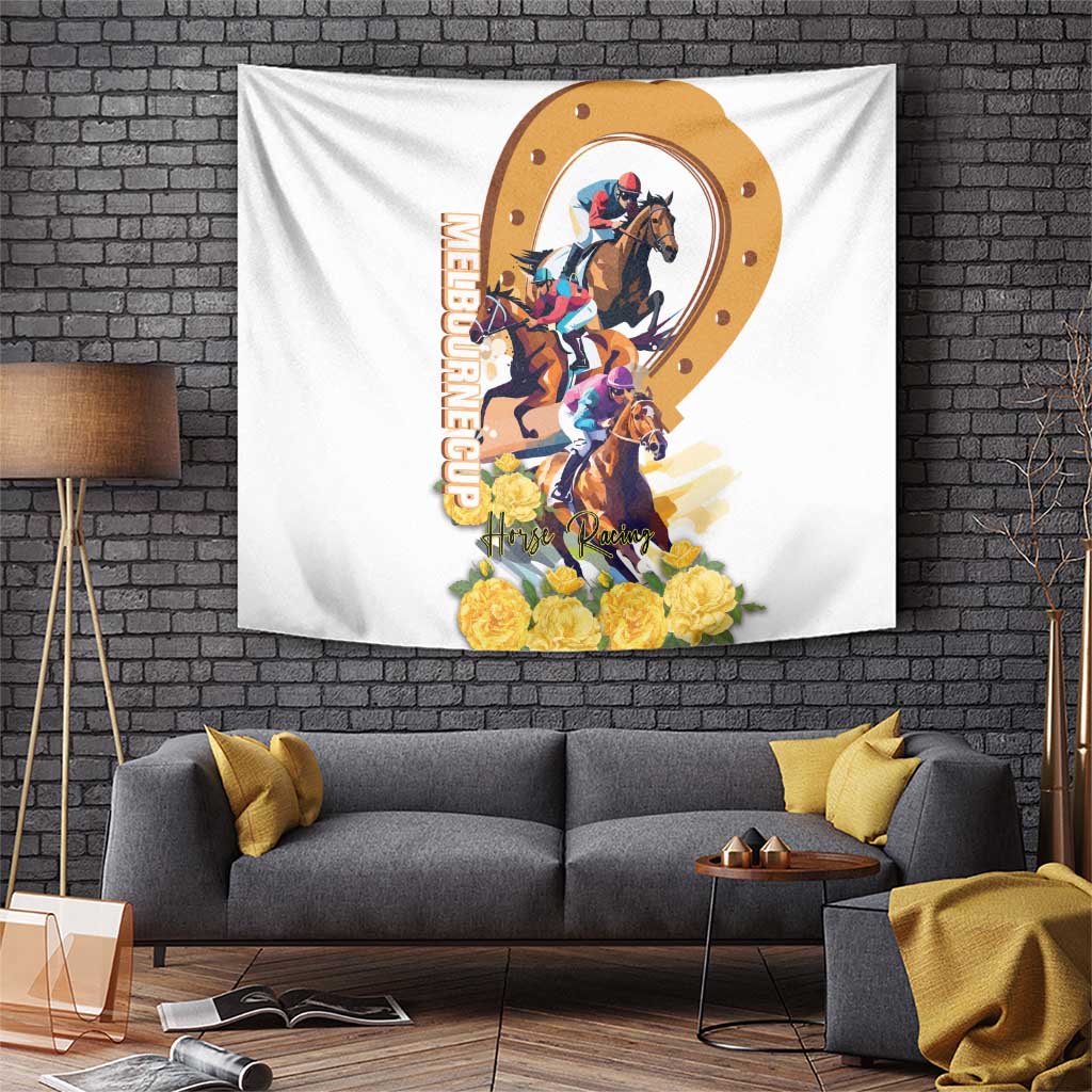 White horse racing tapestry with jockey on horse, oval emblem, and yellow roses