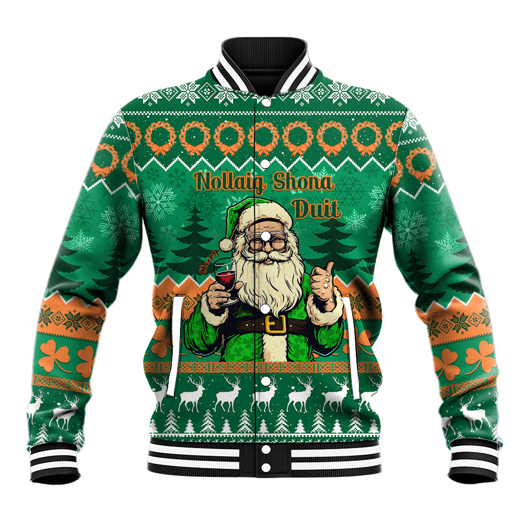 Green Christmas baseball jacket with front festive Irish Santa graphic, ribbed collar