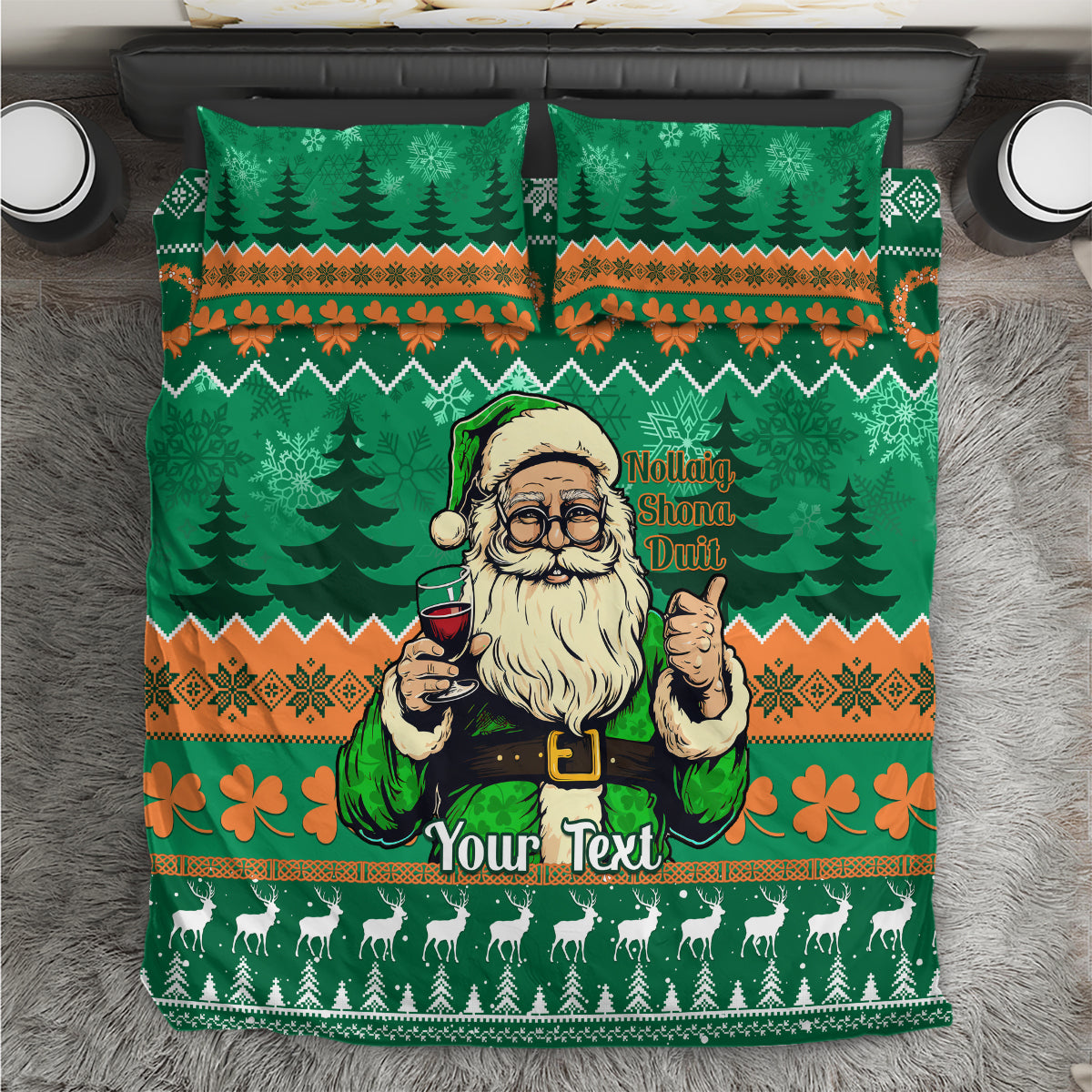 Green Christmas bedding set: Santa Claus, pine trees, custom text area