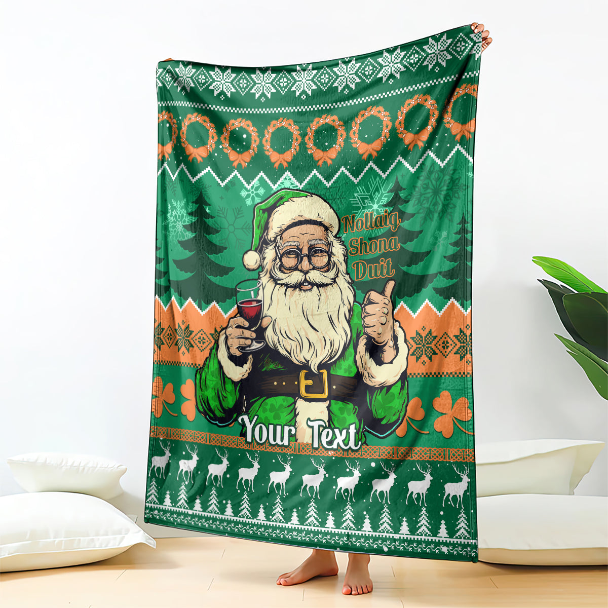 Green Irish Christmas blanket with Santa graphic and 'Your Text' across the middle