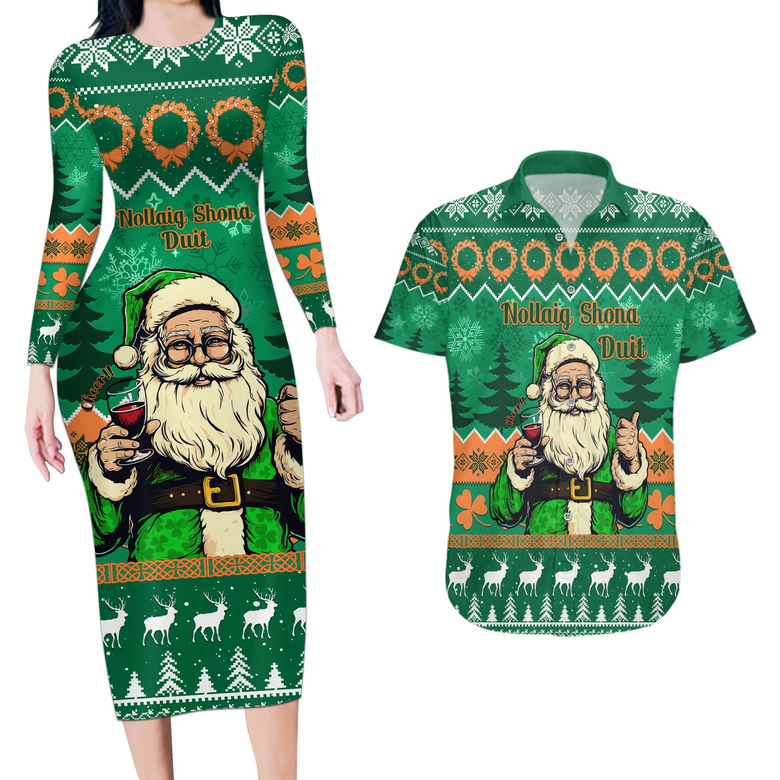 Personalised Ireland Christmas Couples Matching Long Sleeve Bodycon Dress and Hawaiian Shirt Irish Santa Claus Nollaig Shona Duit - Wonder Print Shop