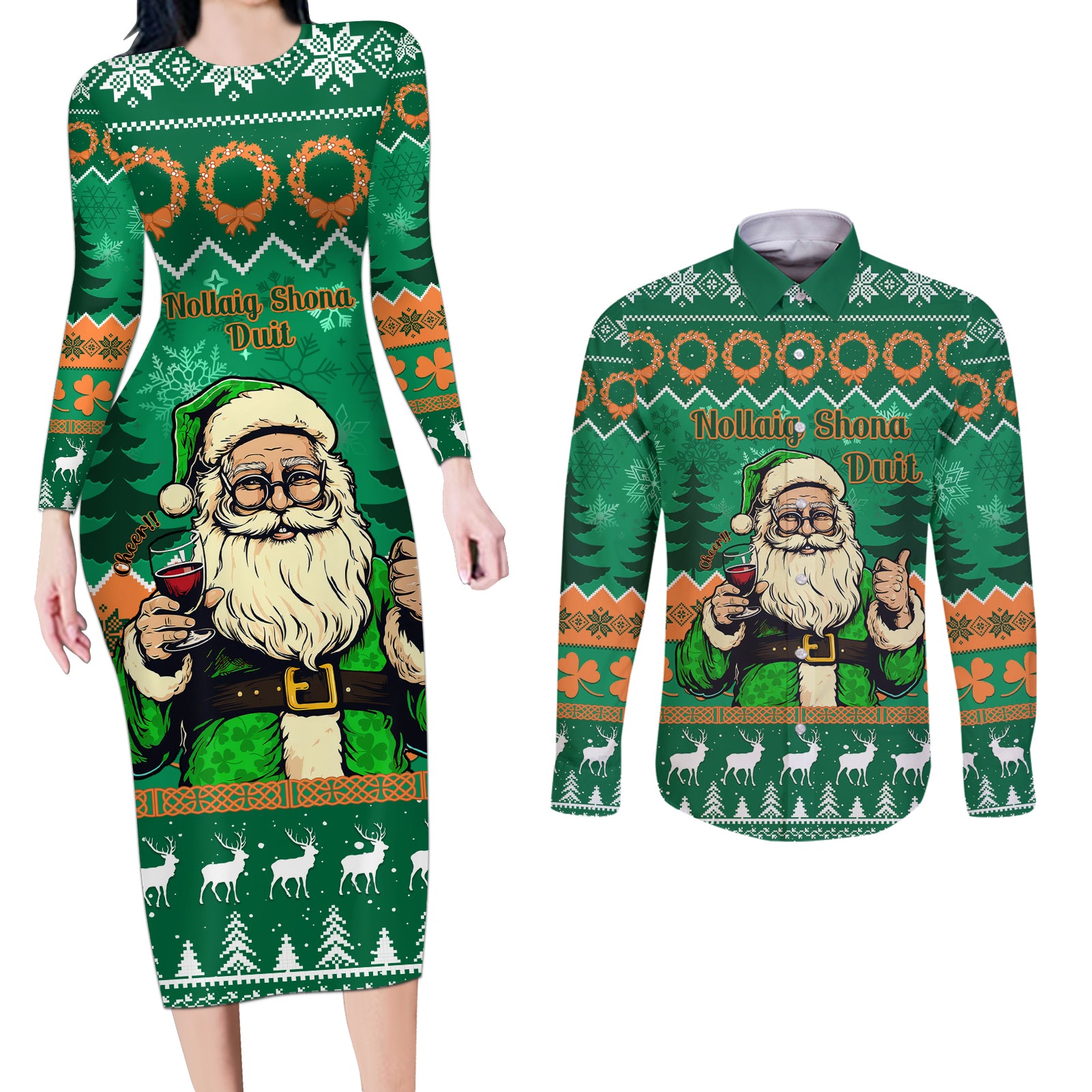 Personalised Ireland Christmas Couples Matching Long Sleeve Bodycon Dress and Long Sleeve Button Shirt Irish Santa Claus Nollaig Shona Duit - Wonder Print Shop