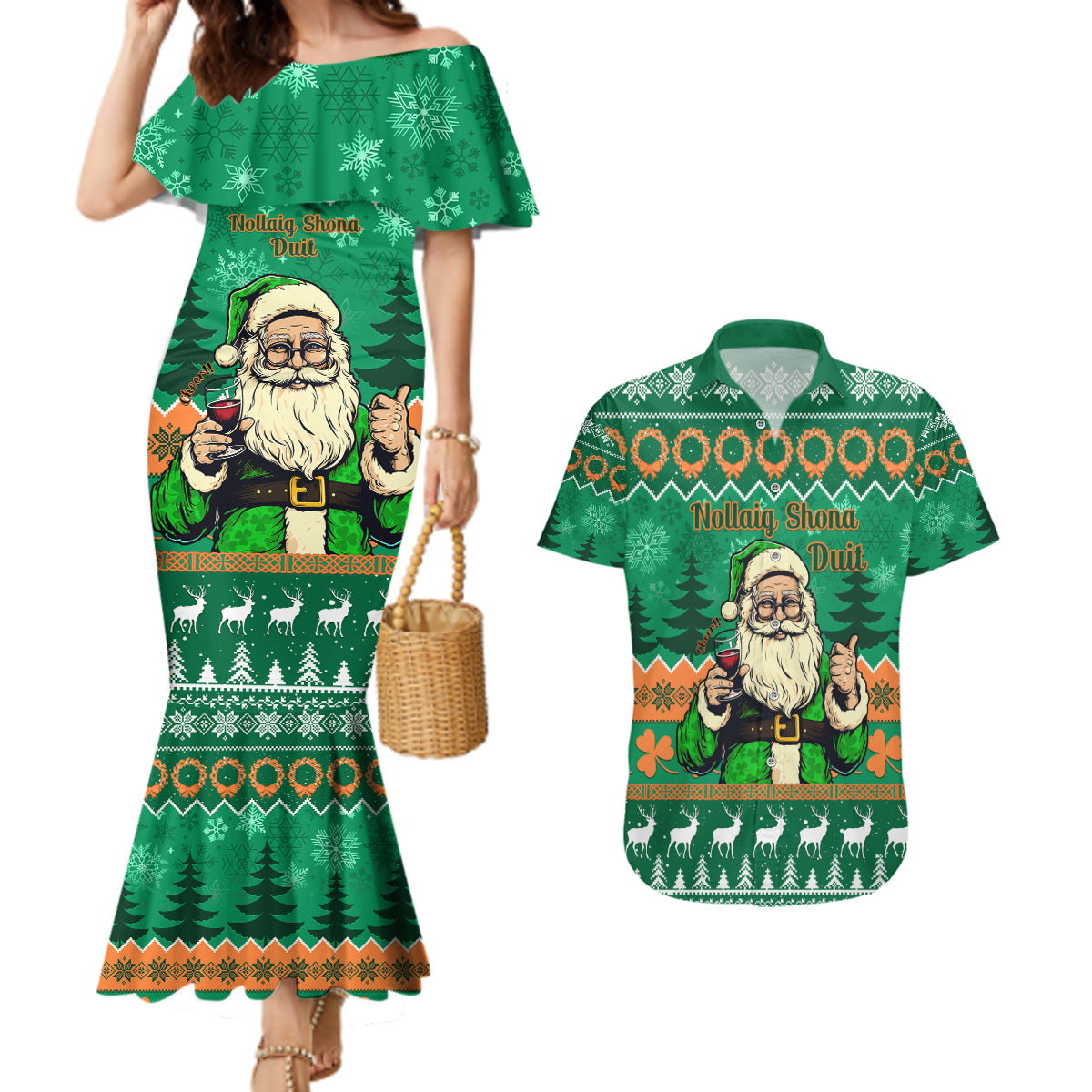 Personalised Ireland Christmas Couples Matching Mermaid Dress and Hawaiian Shirt Irish Santa Claus Nollaig Shona Duit - Wonder Print Shop