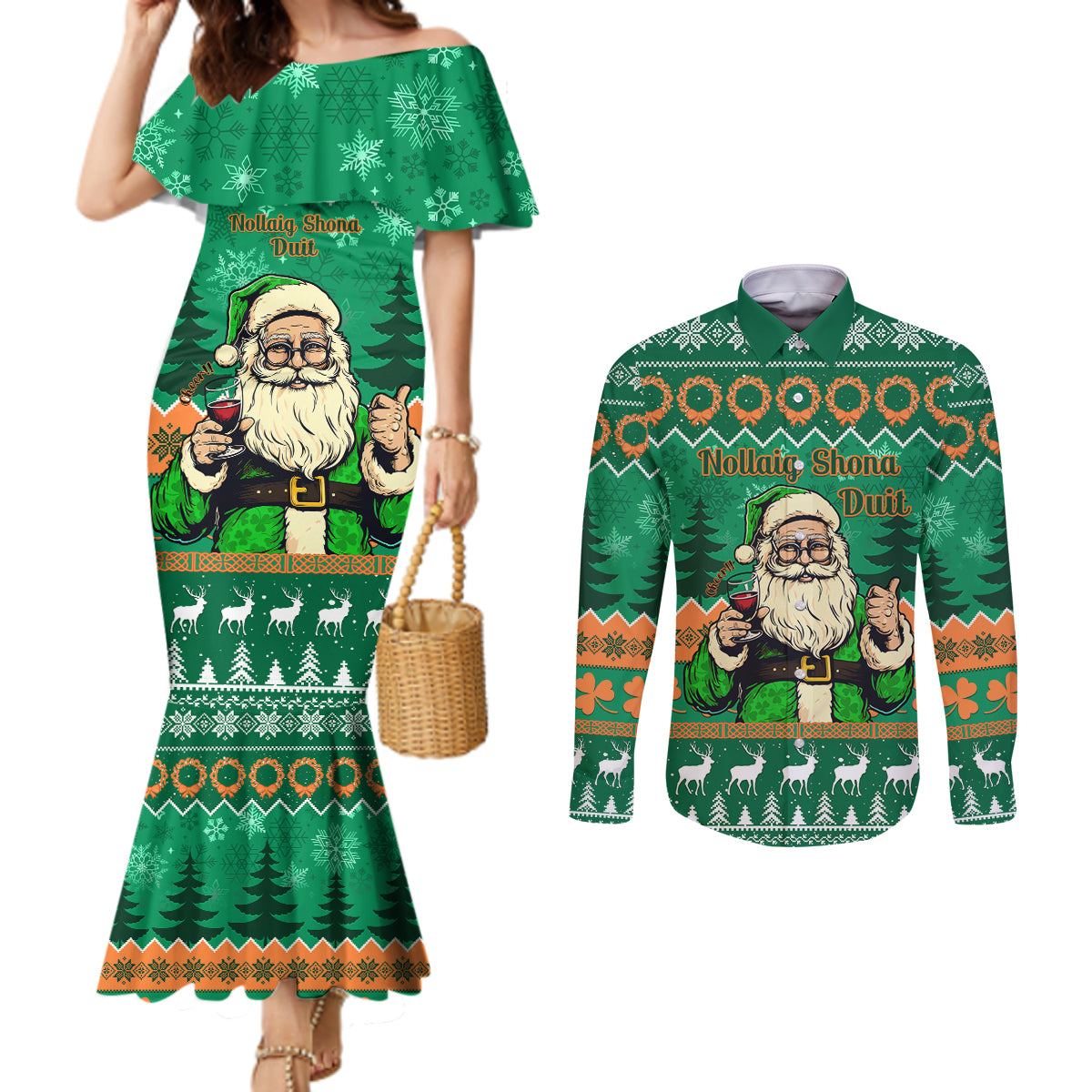 personalised-ireland-christmas-couples-matching-mermaid-dress-and-long-sleeve-button-shirt-irish-santa-claus-nollaig-shona-duit