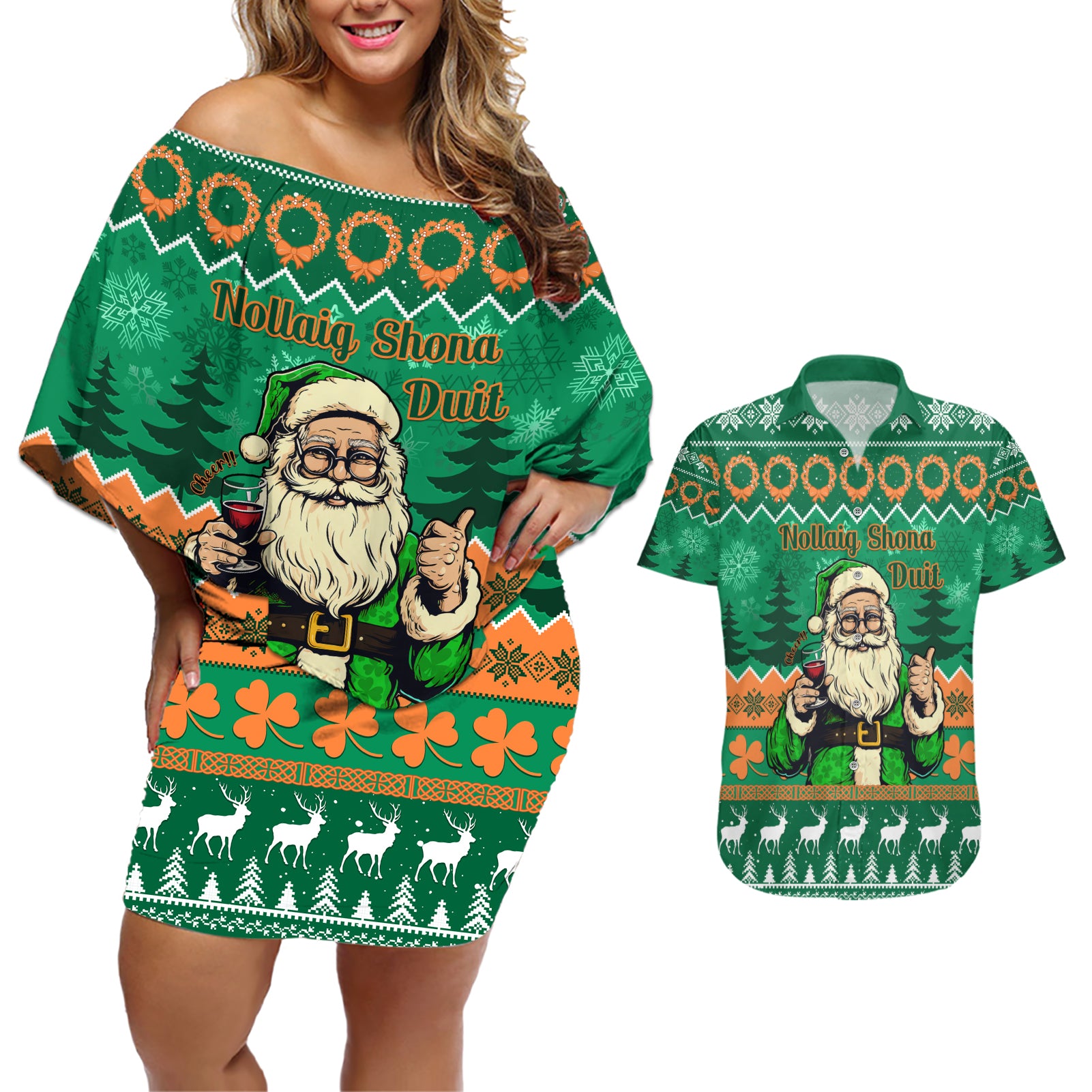 Personalised Ireland Christmas Couples Matching Off Shoulder Short Dress and Hawaiian Shirt Irish Santa Claus Nollaig Shona Duit - Wonder Print Shop