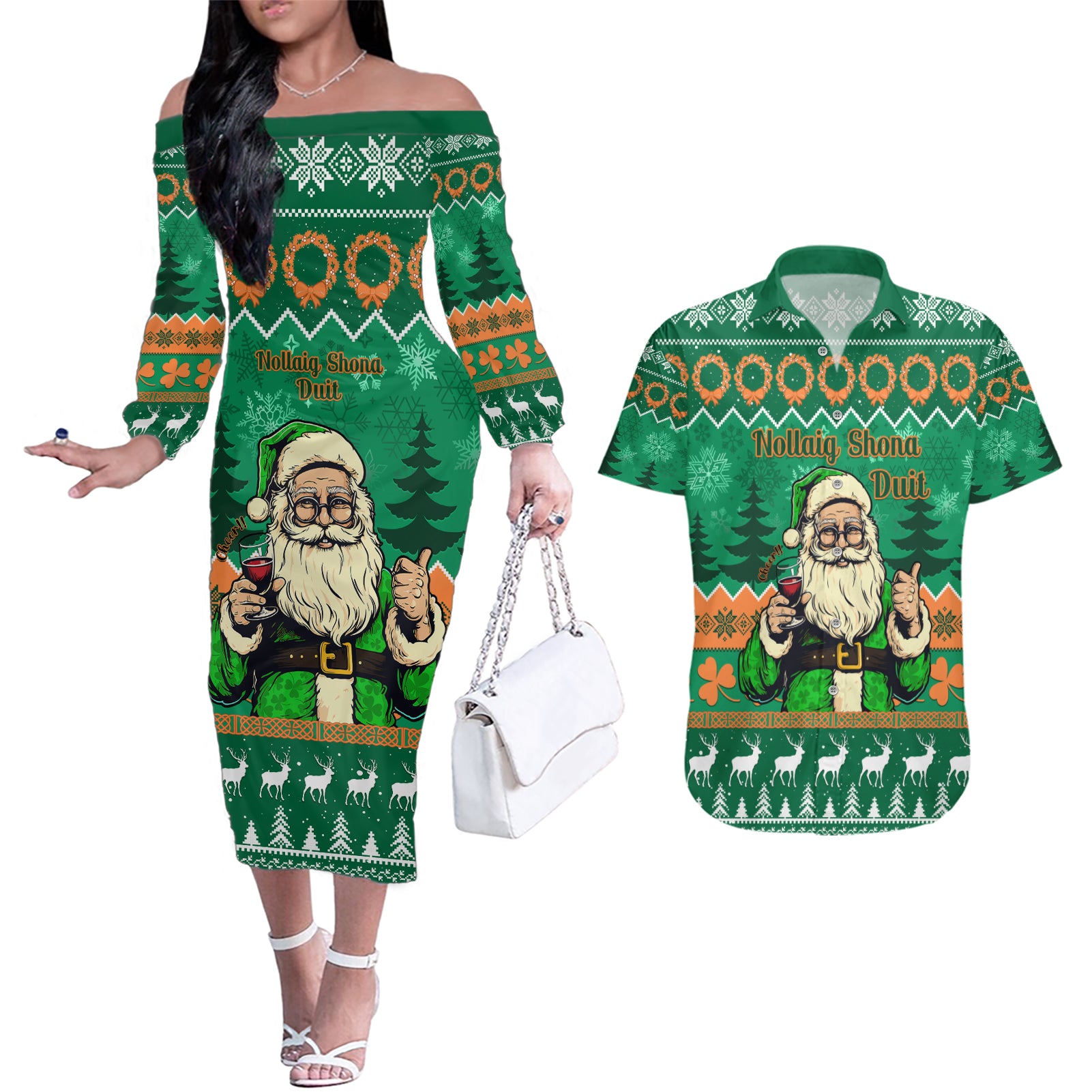 Personalised Ireland Christmas Couples Matching Off The Shoulder Long Sleeve Dress and Hawaiian Shirt Irish Santa Claus Nollaig Shona Duit - Wonder Print Shop