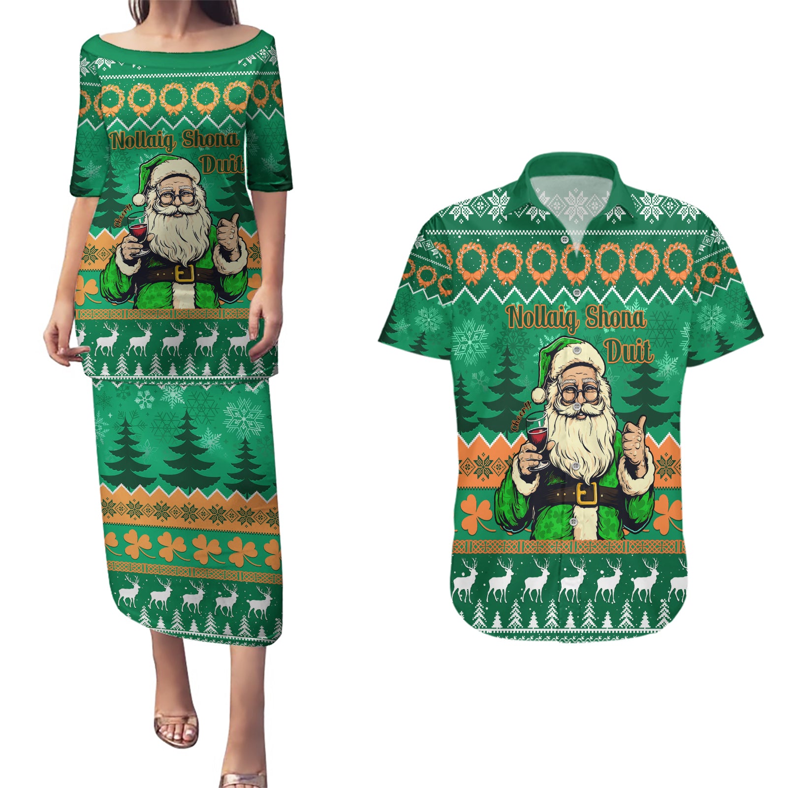 Personalised Ireland Christmas Couples Matching Puletasi Dress and Hawaiian Shirt Irish Santa Claus Nollaig Shona Duit - Wonder Print Shop