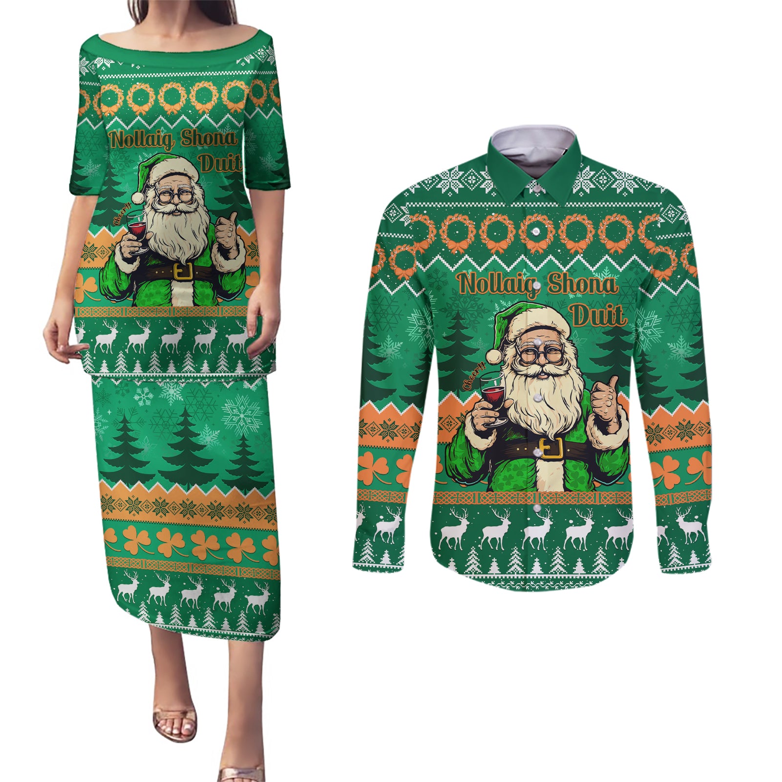 Personalised Ireland Christmas Couples Matching Puletasi Dress and Long Sleeve Button Shirt Irish Santa Claus Nollaig Shona Duit - Wonder Print Shop