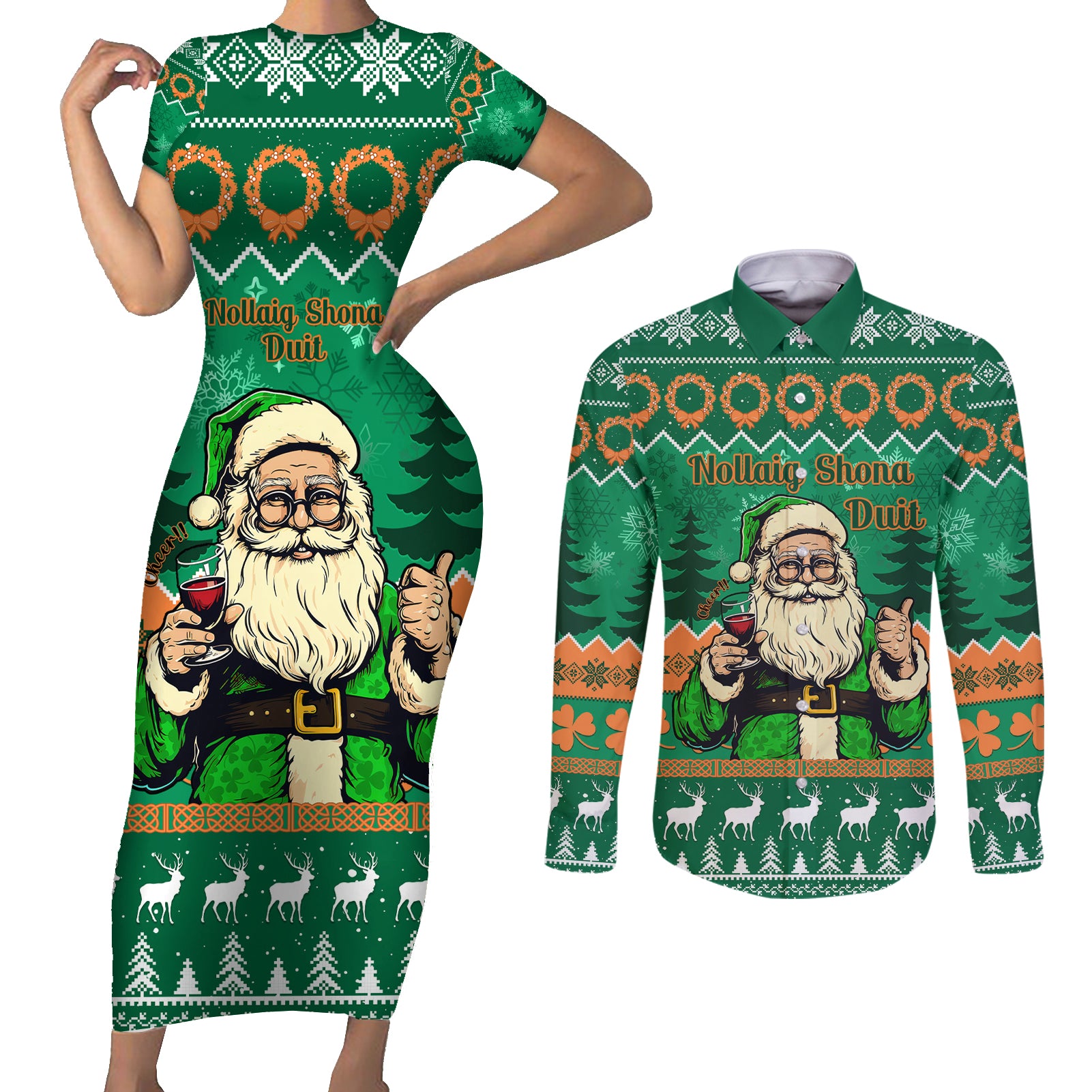 Personalised Ireland Christmas Couples Matching Short Sleeve Bodycon Dress and Long Sleeve Button Shirt Irish Santa Claus Nollaig Shona Duit - Wonder Print Shop