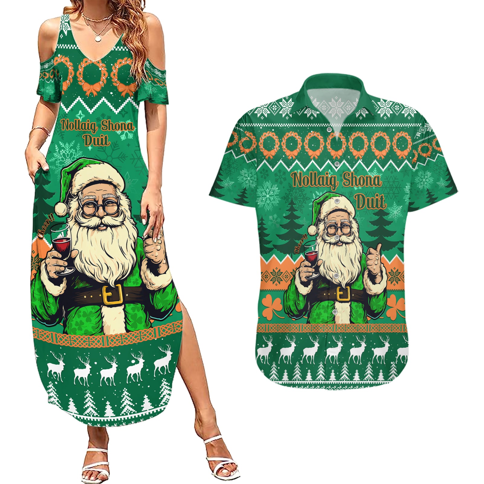 Personalised Ireland Christmas Couples Matching Summer Maxi Dress and Hawaiian Shirt Irish Santa Claus Nollaig Shona Duit - Wonder Print Shop