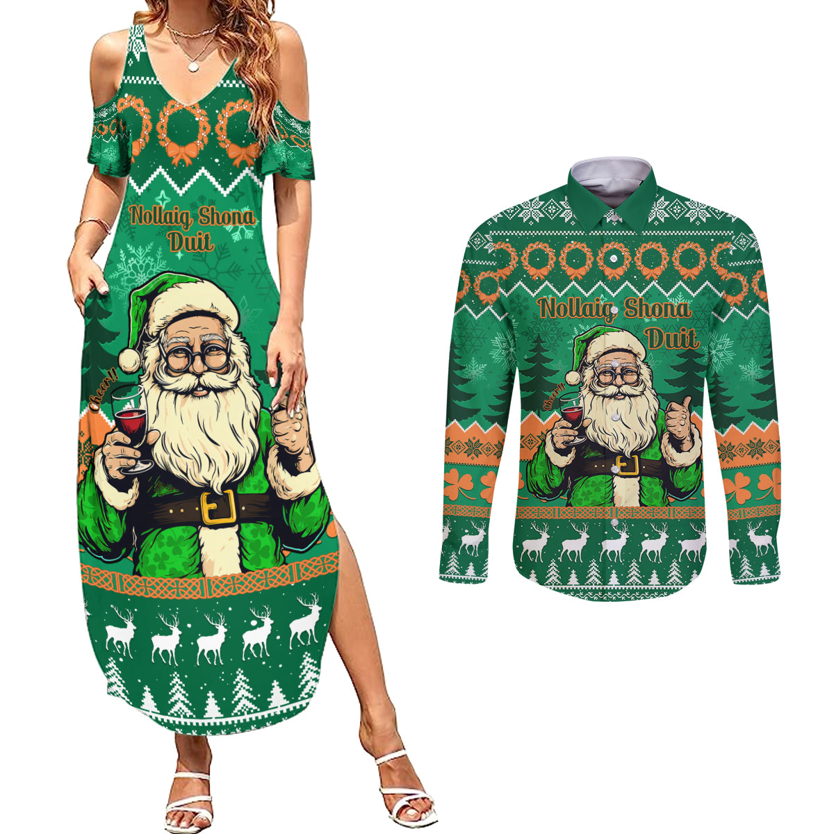 Personalised Ireland Christmas Couples Matching Summer Maxi Dress and Long Sleeve Button Shirt Irish Santa Claus Nollaig Shona Duit - Wonder Print Shop