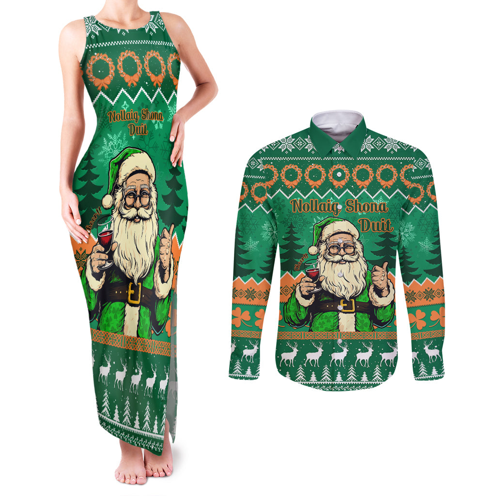 Personalised Ireland Christmas Couples Matching Tank Maxi Dress and Long Sleeve Button Shirt Irish Santa Claus Nollaig Shona Duit - Wonder Print Shop