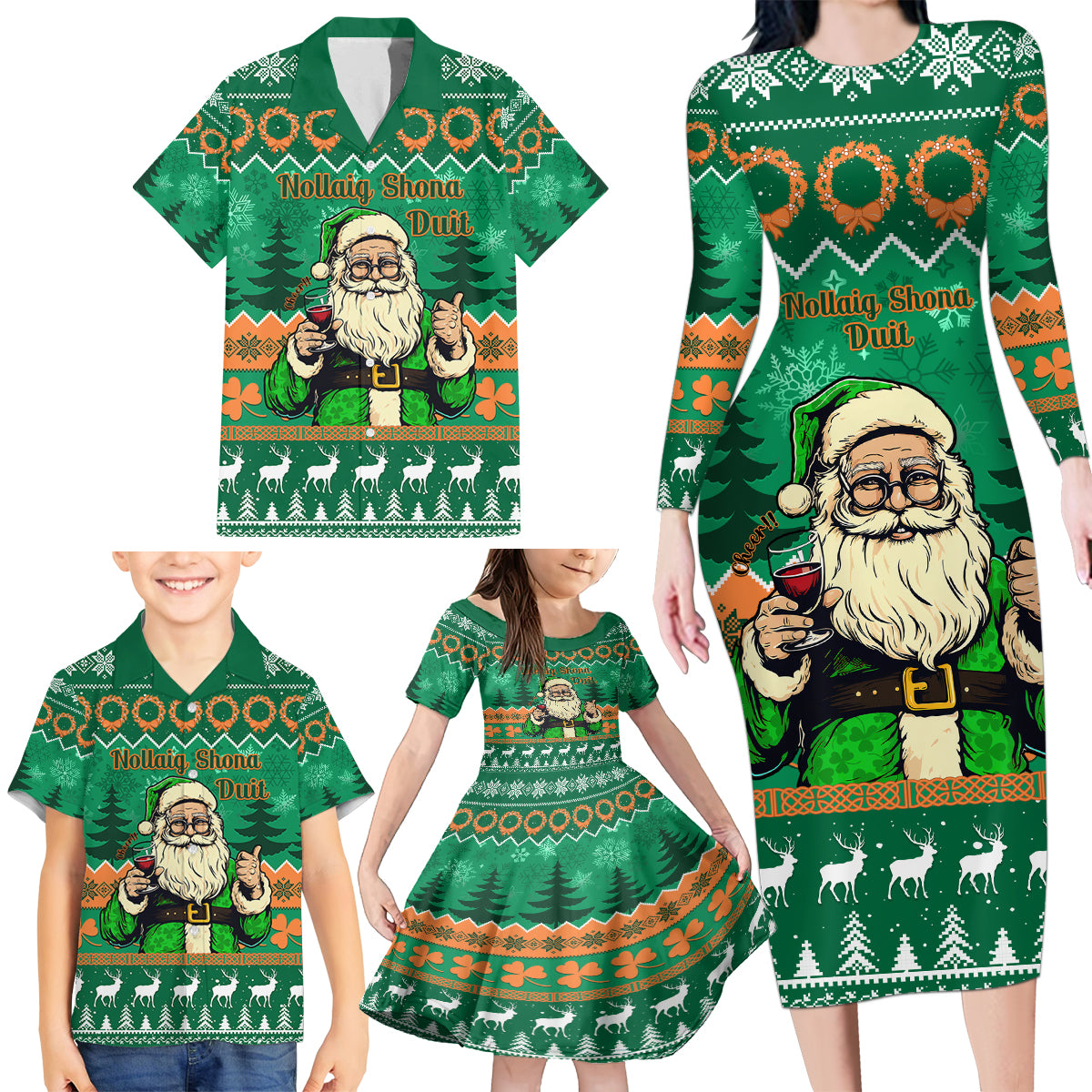 Personalised Ireland Christmas Family Matching Long Sleeve Bodycon Dress and Hawaiian Shirt Irish Santa Claus Nollaig Shona Duit - Wonder Print Shop