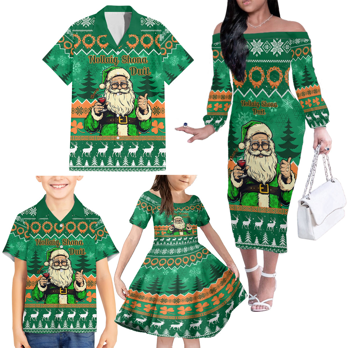 Personalised Ireland Christmas Family Matching Off Shoulder Long Sleeve Dress and Hawaiian Shirt Irish Santa Claus Nollaig Shona Duit - Wonder Print Shop