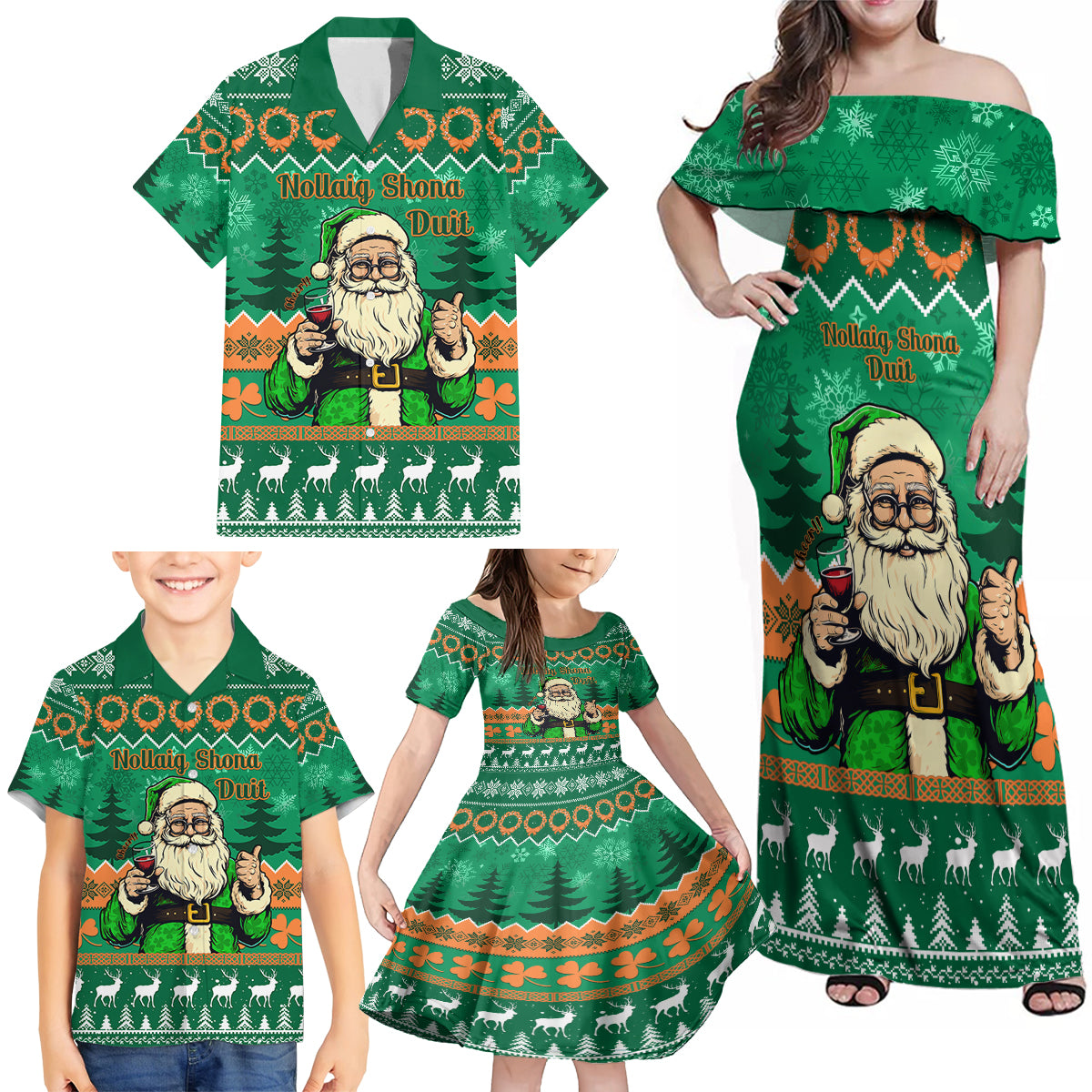 Personalised Ireland Christmas Family Matching Off Shoulder Maxi Dress and Hawaiian Shirt Irish Santa Claus Nollaig Shona Duit - Wonder Print Shop