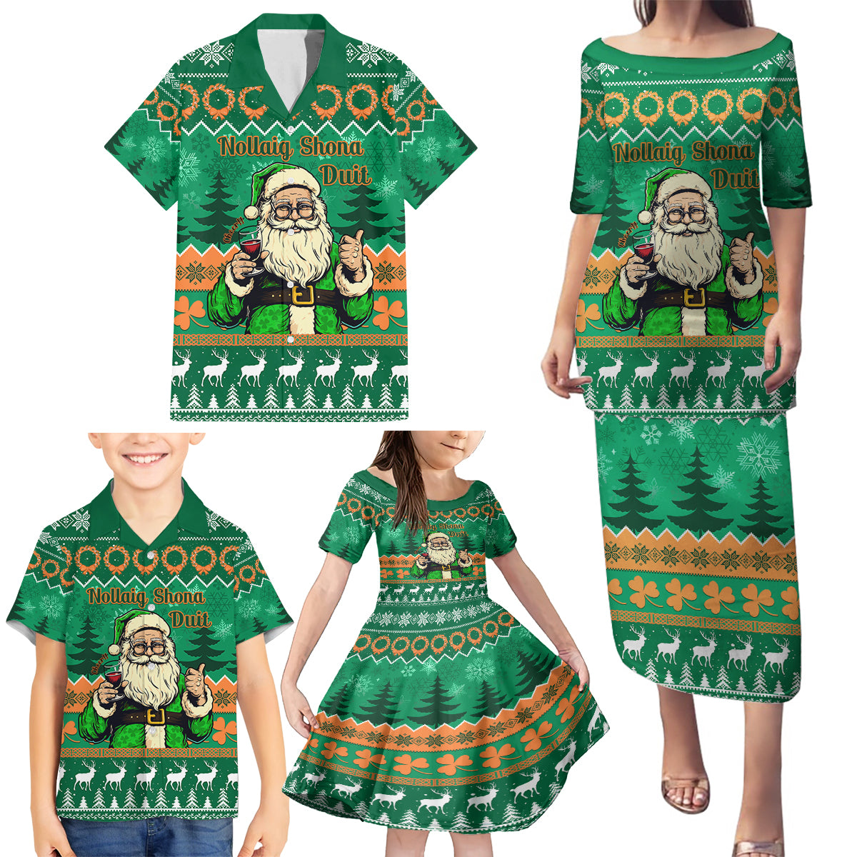 Personalised Ireland Christmas Family Matching Puletasi Dress and Hawaiian Shirt Irish Santa Claus Nollaig Shona Duit - Wonder Print Shop