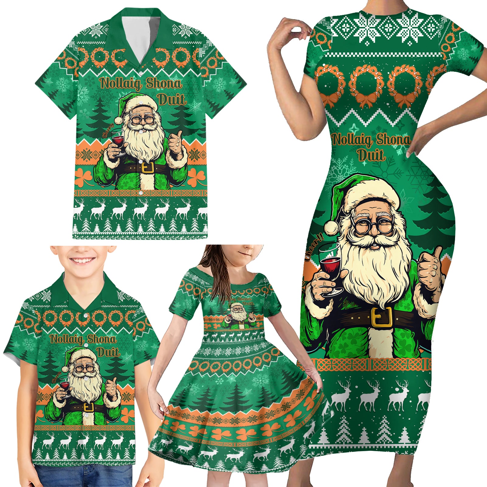 Personalised Ireland Christmas Family Matching Short Sleeve Bodycon Dress and Hawaiian Shirt Irish Santa Claus Nollaig Shona Duit - Wonder Print Shop