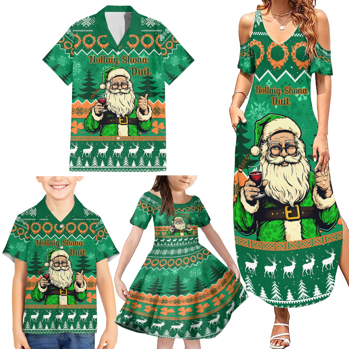 Personalised Ireland Christmas Family Matching Summer Maxi Dress and Hawaiian Shirt Irish Santa Claus Nollaig Shona Duit - Wonder Print Shop