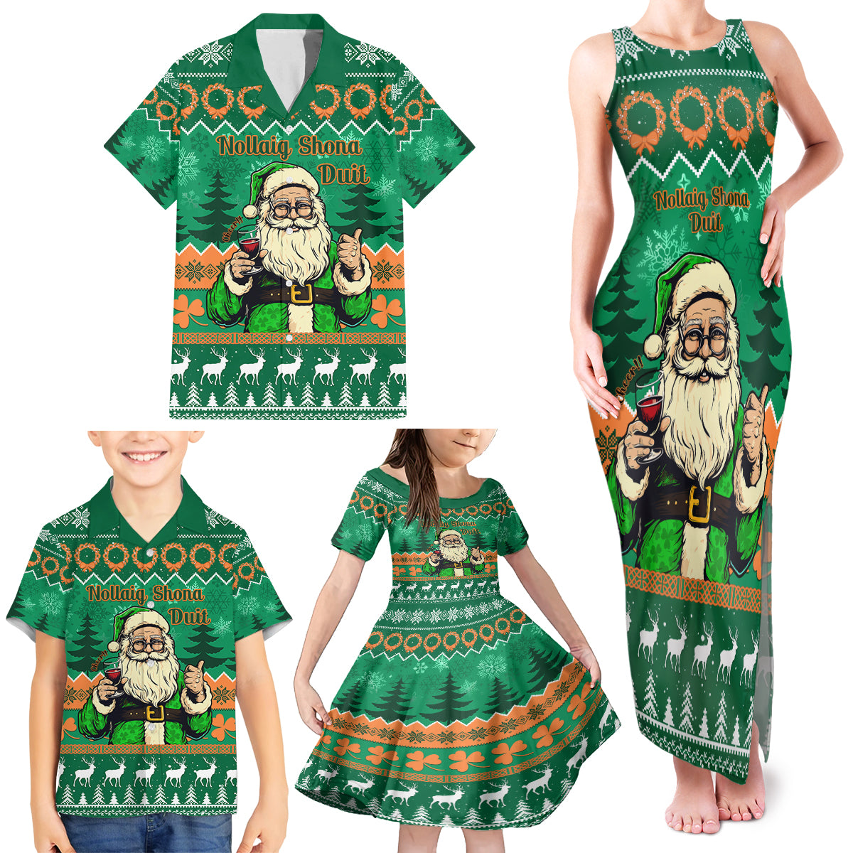 Personalised Ireland Christmas Family Matching Tank Maxi Dress and Hawaiian Shirt Irish Santa Claus Nollaig Shona Duit - Wonder Print Shop