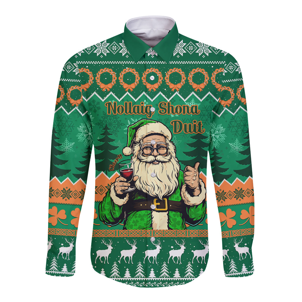 Green long-sleeve button shirt with Santa-style Irish print, Nollaig Shona Duit text