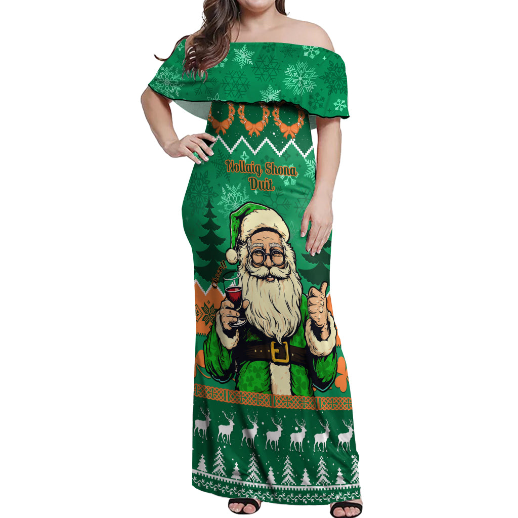 Personalised Ireland Christmas Off Shoulder Maxi Dress Irish Santa Claus Nollaig Shona Duit - Wonder Print Shop