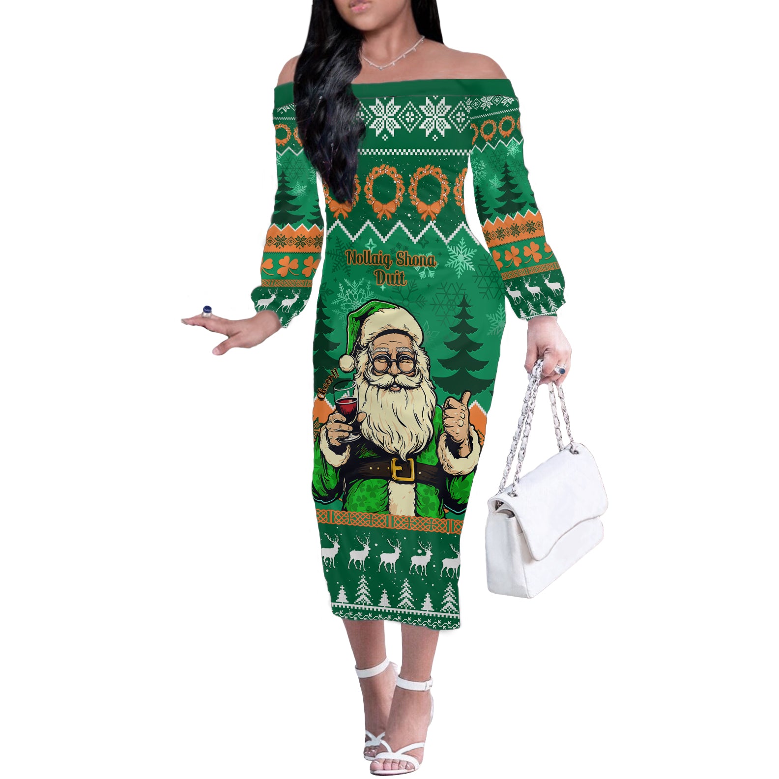 Personalised Ireland Christmas Off The Shoulder Long Sleeve Dress Irish Santa Claus Nollaig Shona Duit - Wonder Print Shop