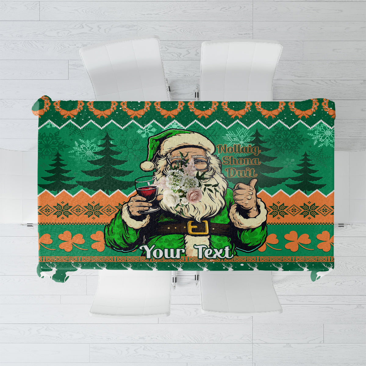 Green Christmas tablecloth with Santa illustration and editable “Your Text” banner