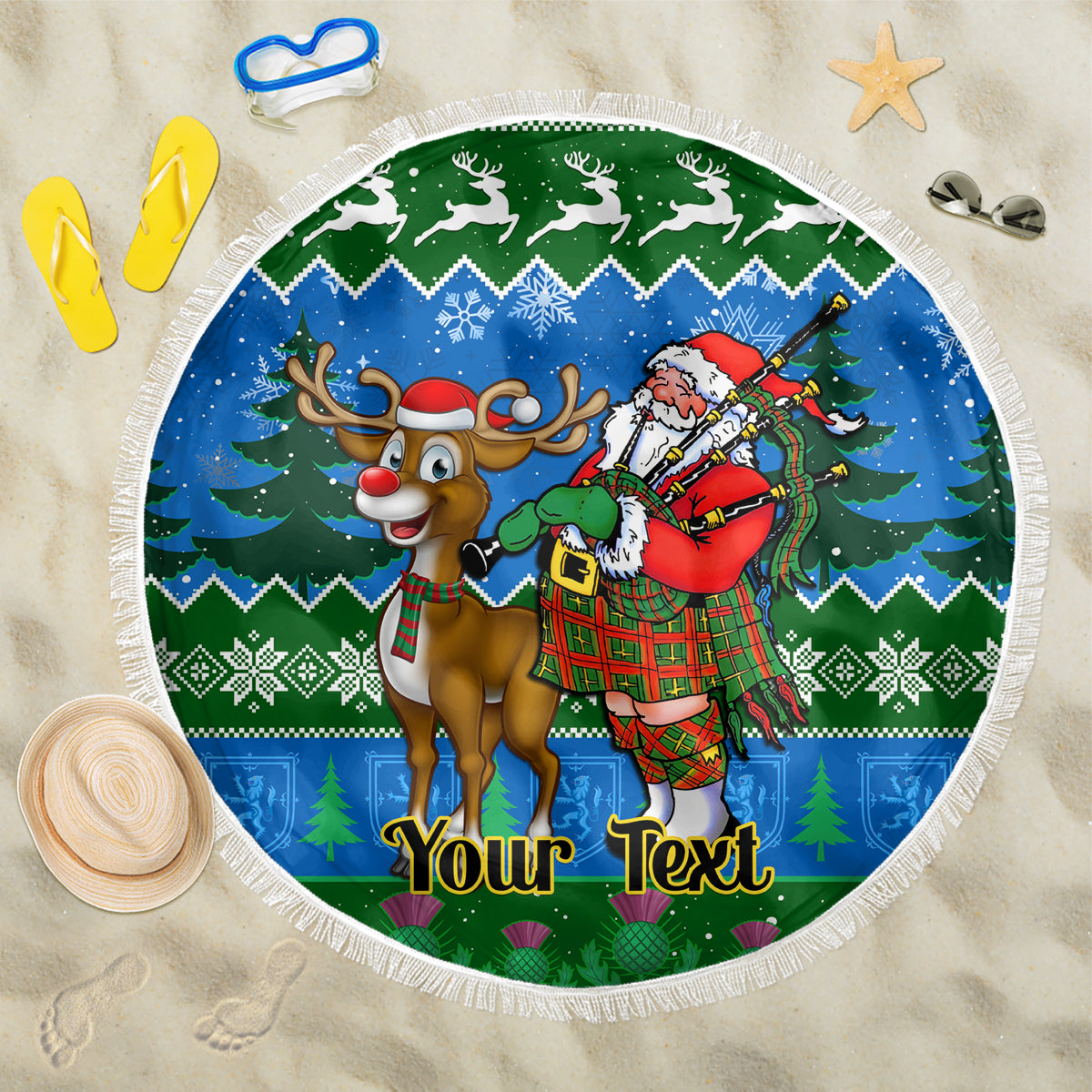 Round fringed beach blanket with green-and-blue Santa and reindeer holiday print