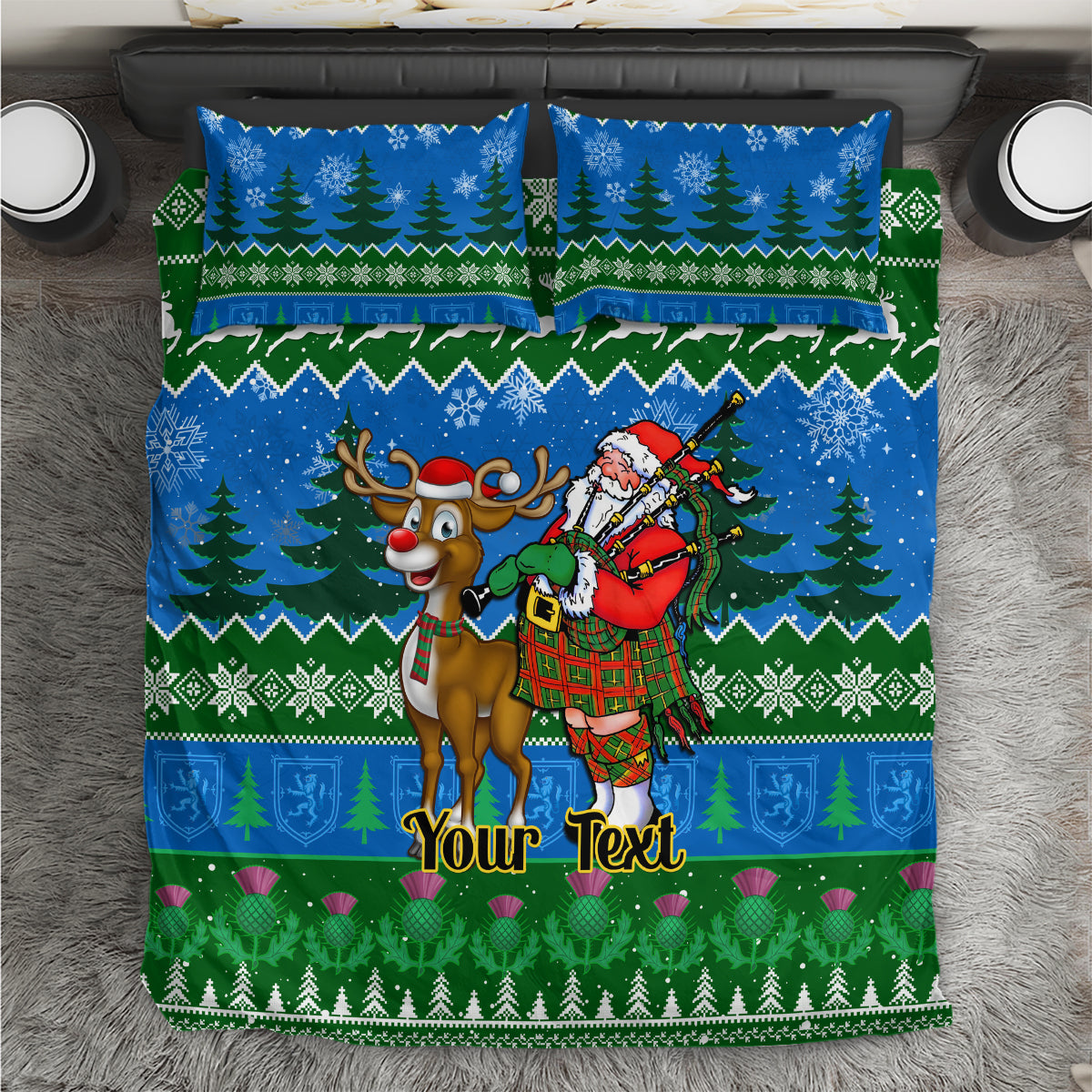 Personalized Christmas bedding set with blue and green reindeer, Santa, and text panel
