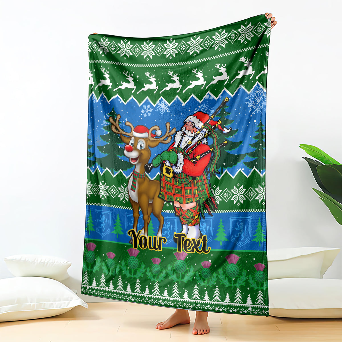 personalised-scotland-christmas-blanket-scottish-santa-with-reindeer-nollaig-chridheil