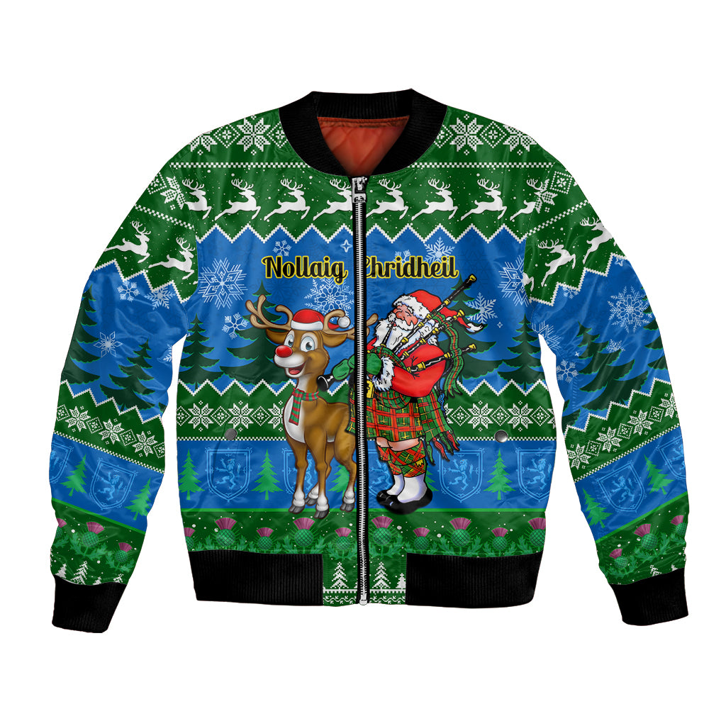 Green unisex Christmas bomber jacket with full-zip, reindeer and Nollaig Chridheil print