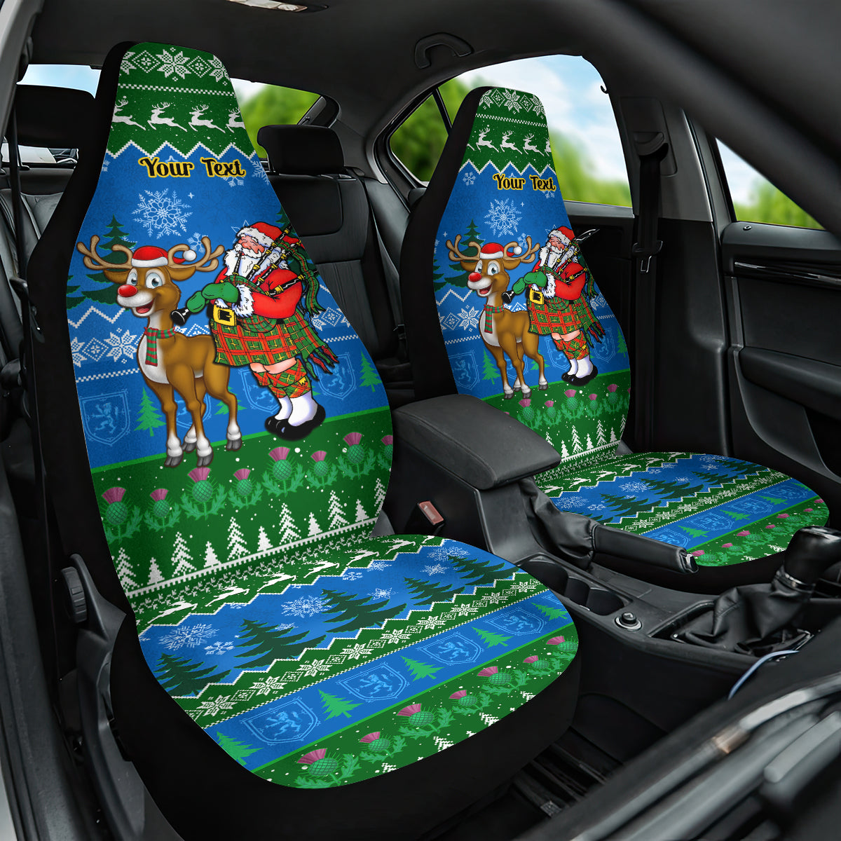 Personalised Scotland Christmas Car Seat Cover Scottish Santa With Reindeer Nollaig Chridheil - Wonder Print Shop