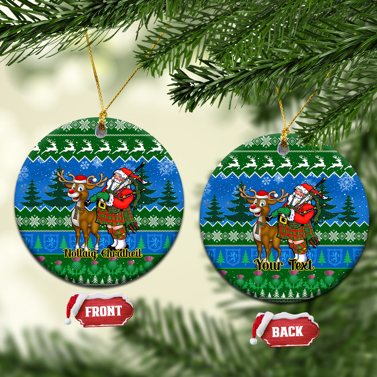 Green and blue ceramic circle Christmas ornament with Santa and reindeer, custom text