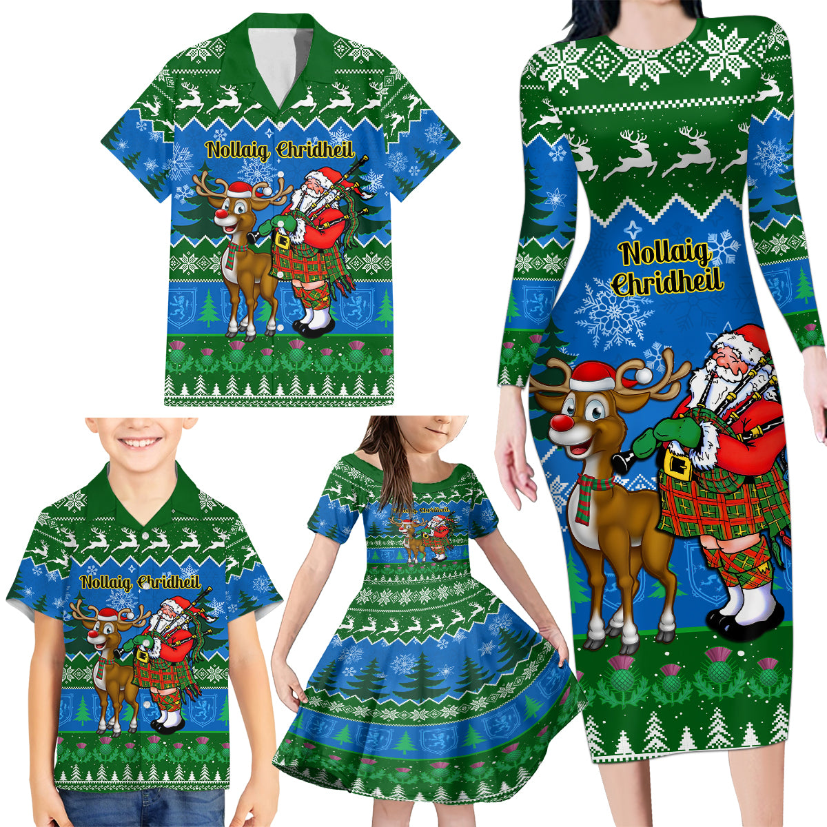 Personalised Scotland Christmas Family Matching Long Sleeve Bodycon Dress and Hawaiian Shirt Scottish Santa With Reindeer Nollaig Chridheil - Wonder Print Shop