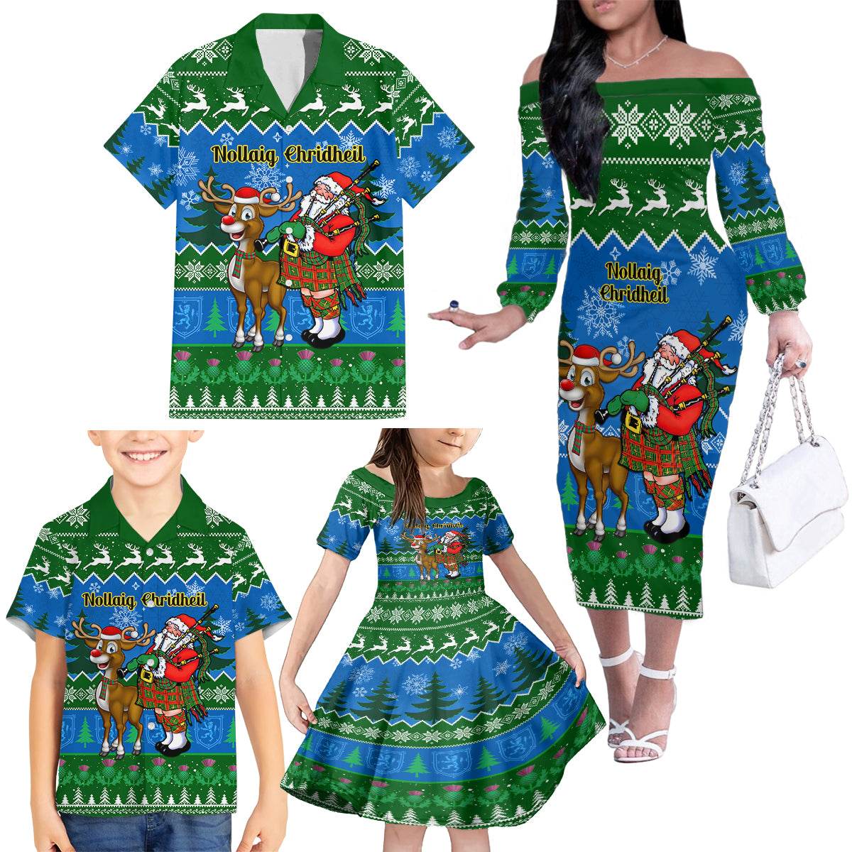 Personalised Scotland Christmas Family Matching Off Shoulder Long Sleeve Dress and Hawaiian Shirt Scottish Santa With Reindeer Nollaig Chridheil - Wonder Print Shop