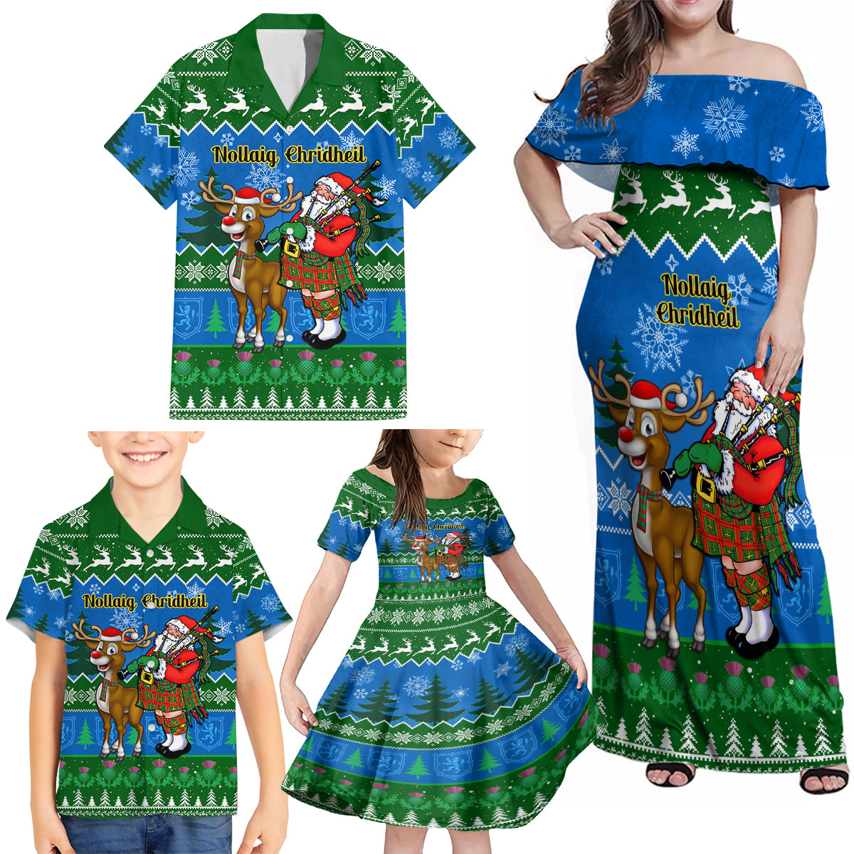 Personalised Scotland Christmas Family Matching Off Shoulder Maxi Dress and Hawaiian Shirt Scottish Santa With Reindeer Nollaig Chridheil - Wonder Print Shop