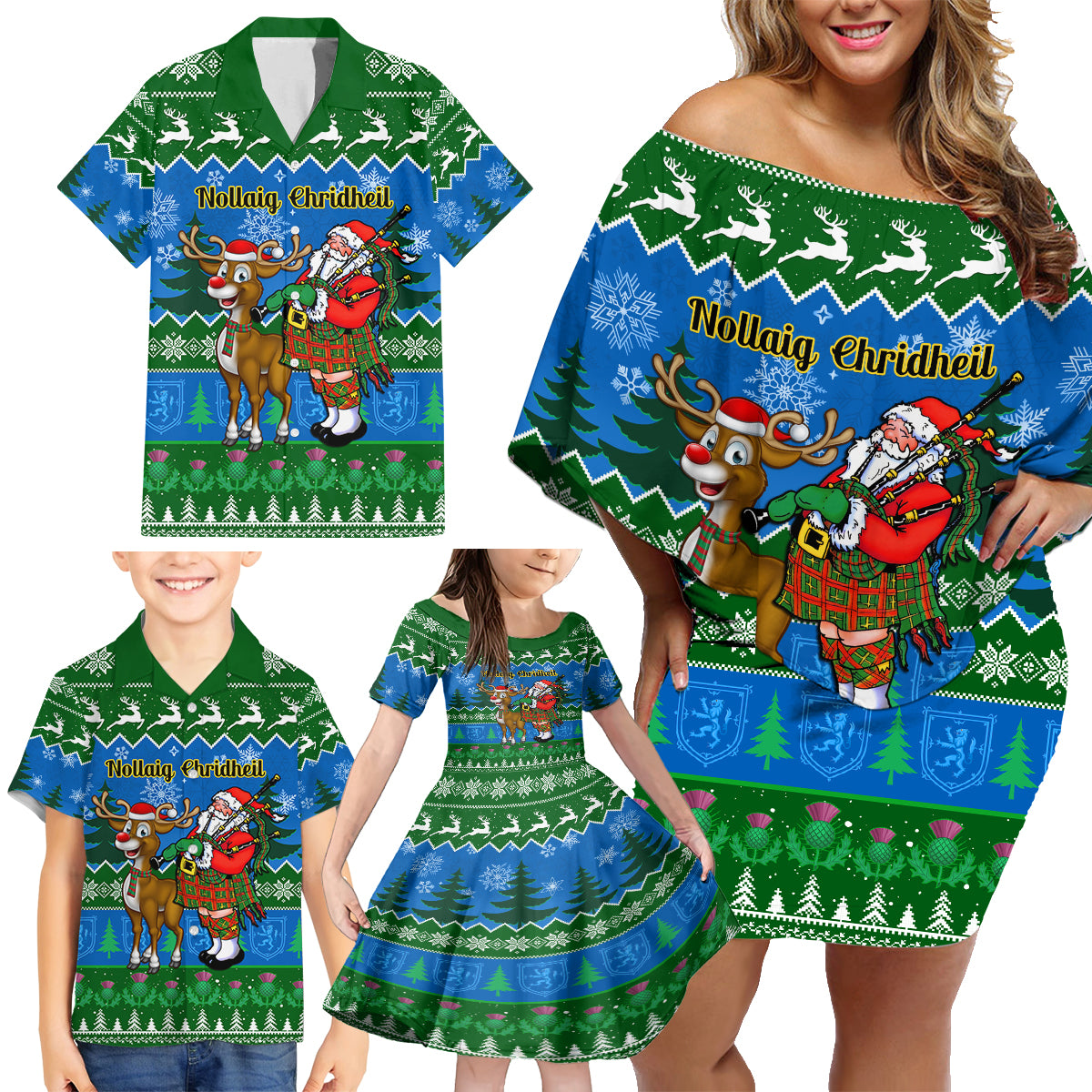 Personalised Scotland Christmas Family Matching Off Shoulder Short Dress and Hawaiian Shirt Scottish Santa With Reindeer Nollaig Chridheil - Wonder Print Shop